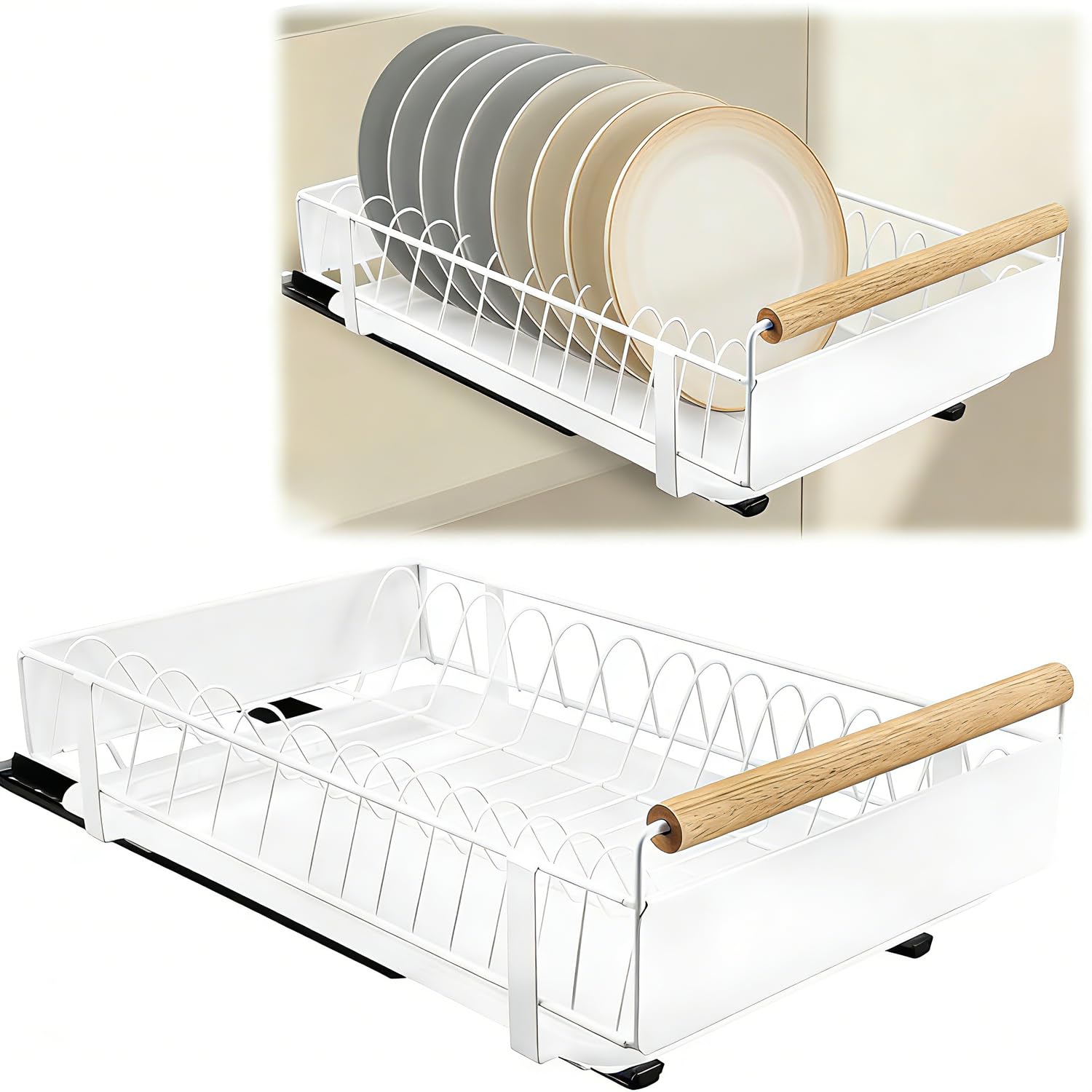 QHENS Pull-Out White Dish Drying Rack for 13 Plates, Metal Dish Drainer Rack with Drip Tray, Vertical Plate Dish Rack for Kitchen Cupboard