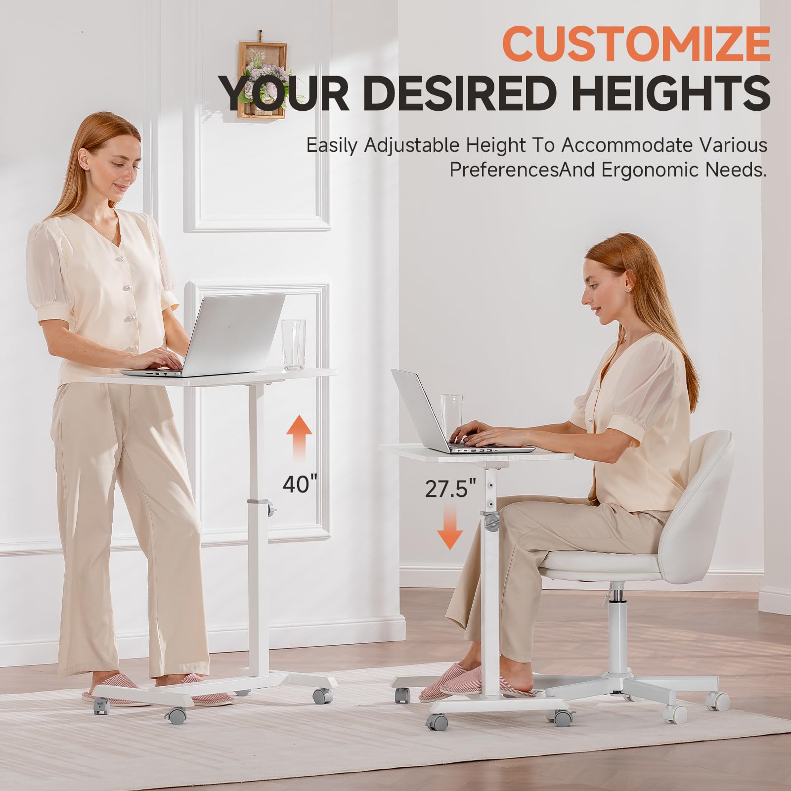 GTPLAYER Mobile Small Standing Desk Sit Stand Portable Rolling Laptop Desk with Lockable Wheels Adjustable Height Overbed Bedside — view 4