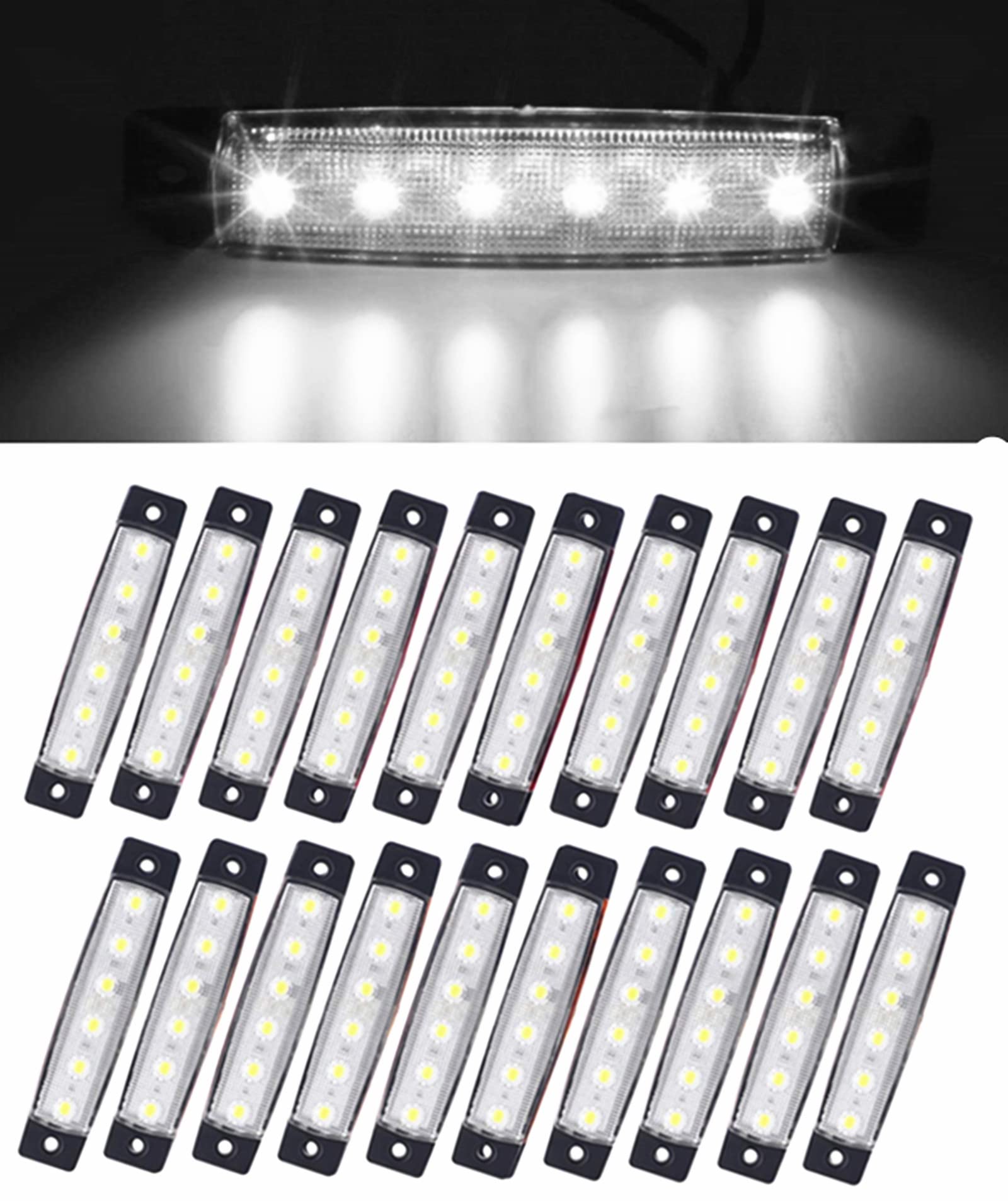 Seitenmarkierungsleuchte, 20 Stück Auto-Seitenblinker 6 LED Positionslichter vorne hinten 12V-24V für LKW Anhänger, LKW, Van, Caravan, Boot, Bus, SUV, Seitenlichter (Weiß)