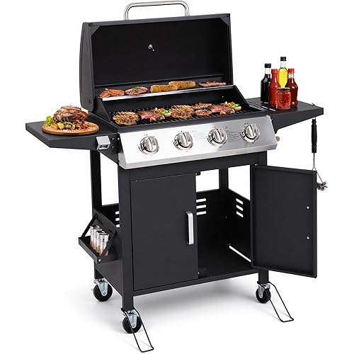 HUGROVE 4-Burner Propane Gas BBQ Grill, Upgraded 40,000 BTU Stainless Steel Barbecue Grill with Foldable Side Tables, Spice Rack & Wheels for Outdoor Cooking