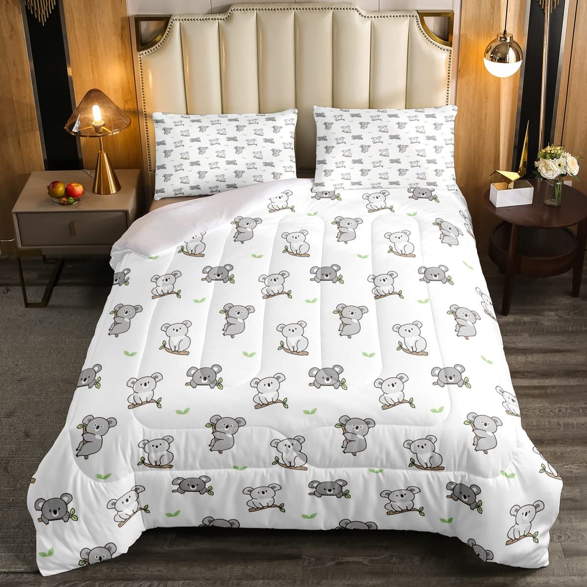Kids Cute Koala Bedding Set Cartoon Animal Botanical Duvet Set for Kids Boys Girls Leaves Toddler Lovely Grey Room 2Pcs Single Size