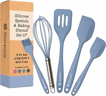 Starpack Flip and Whip Silicone Baking Utensils Set 5-Piece - LFGB Non Toxic, 600F Heat Resistant, BPA-Free - Whisk and Rubber Spatula Set with Pastry Brush - Dishwasher Safe, Nonstick Light Blue