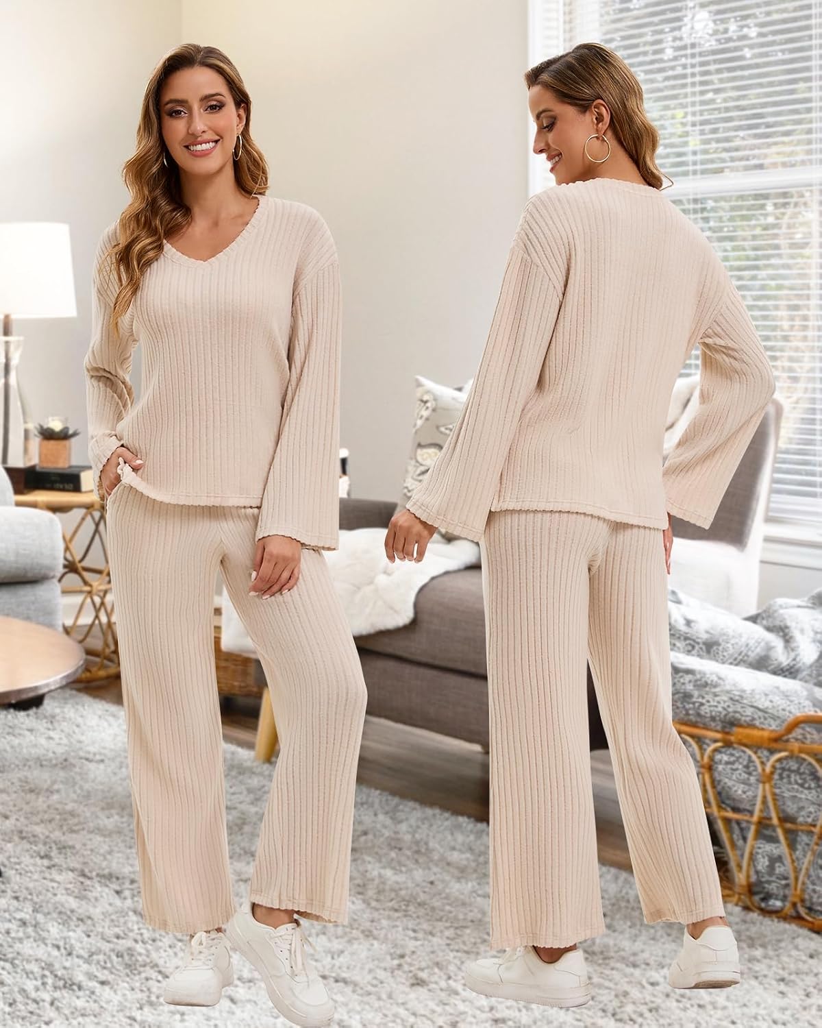 WOWENY Womens 2 Piece Outfits Lounge Sets With Pockets Long Sleeve V Neck Ribbed Pajama Sets Casual Wide Leg Pants Loungewear - Image 2