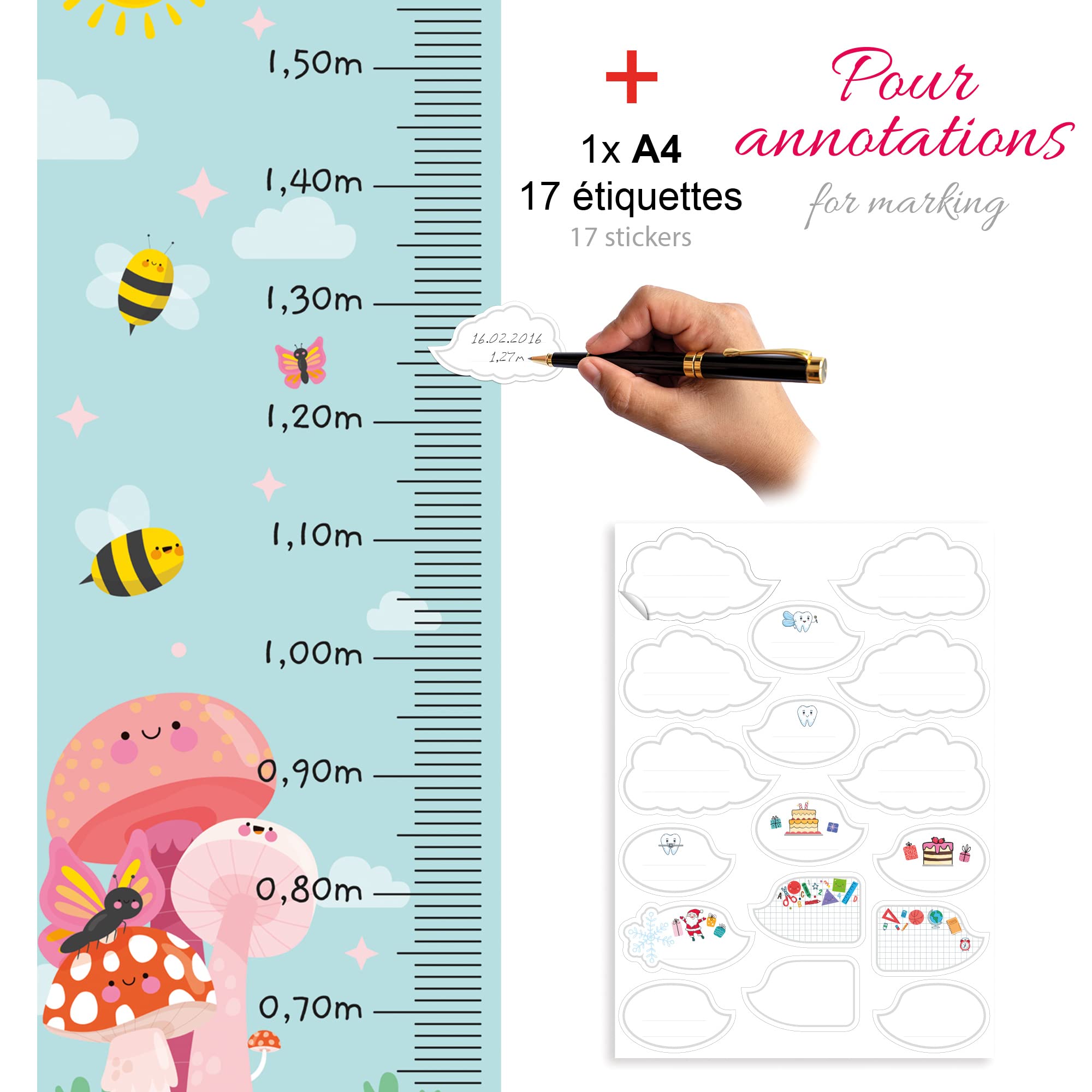 Toise - Adhesivo de pared personalizado para habitación infantil, diseño de hongos y abejas, 130 cm.
