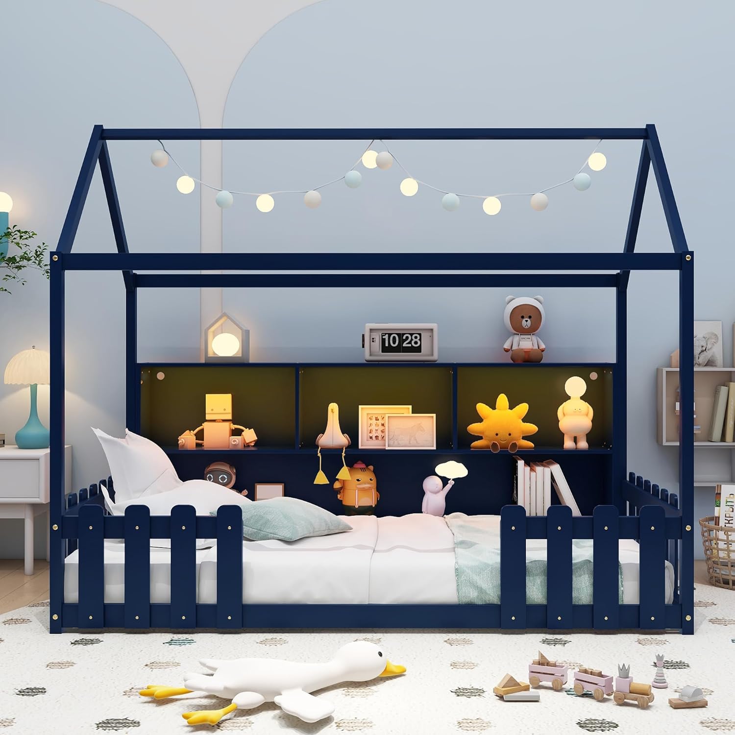 Twin House Bed for Kids with LED Light, Wood Kids Bed Frame with Storage Bookshelf, Montessori Floor Bed with Storage & Roof, Child Twin Frame with Guardrails for Boys and Girls, Navy Blue