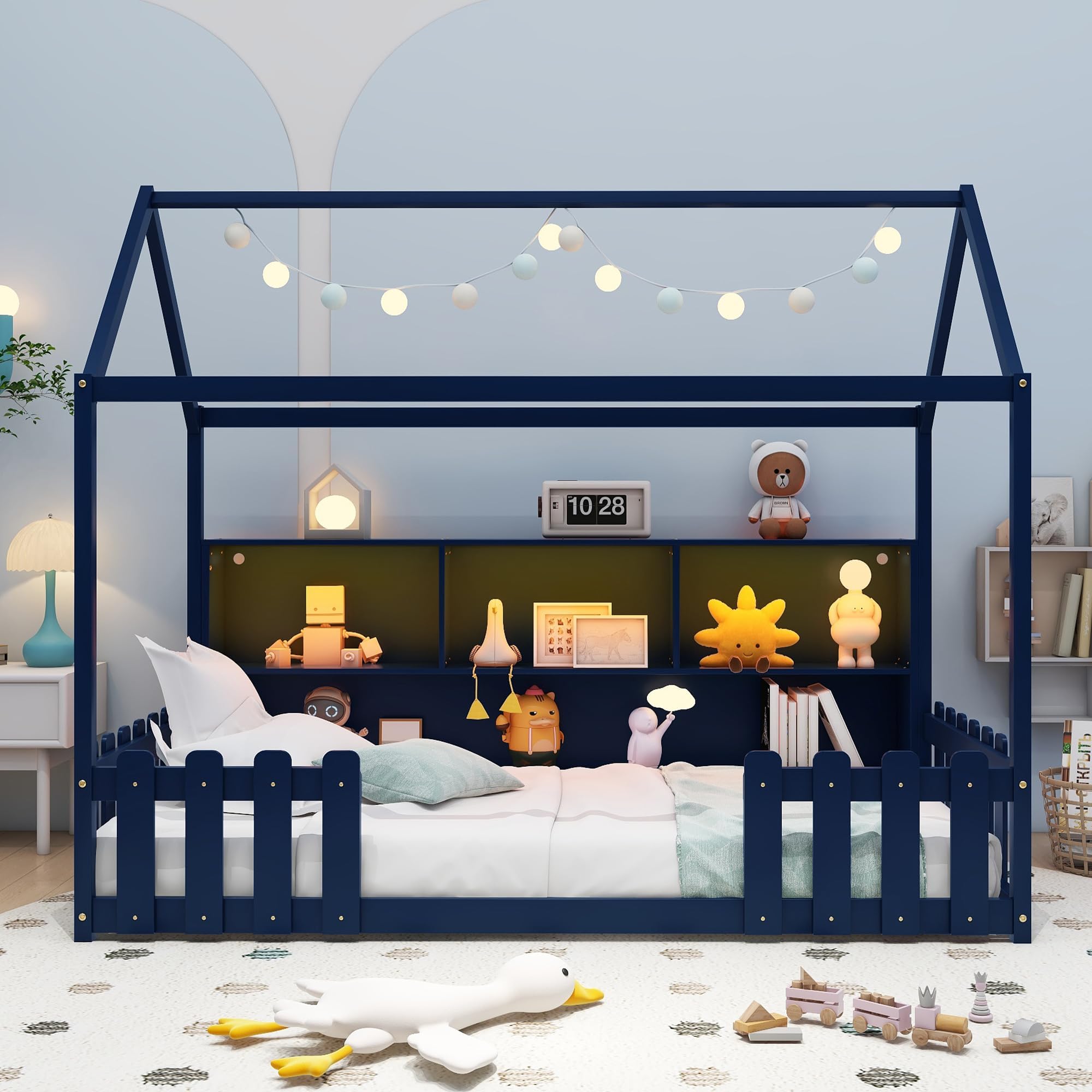Twin Size House Bed for Kids with LED Light and Fence Guardrails,Wood Montessori Floor Bed Frame with Storage Bookshelf, Farmhouse Bed Frame for Girls Boys,Navy Blue