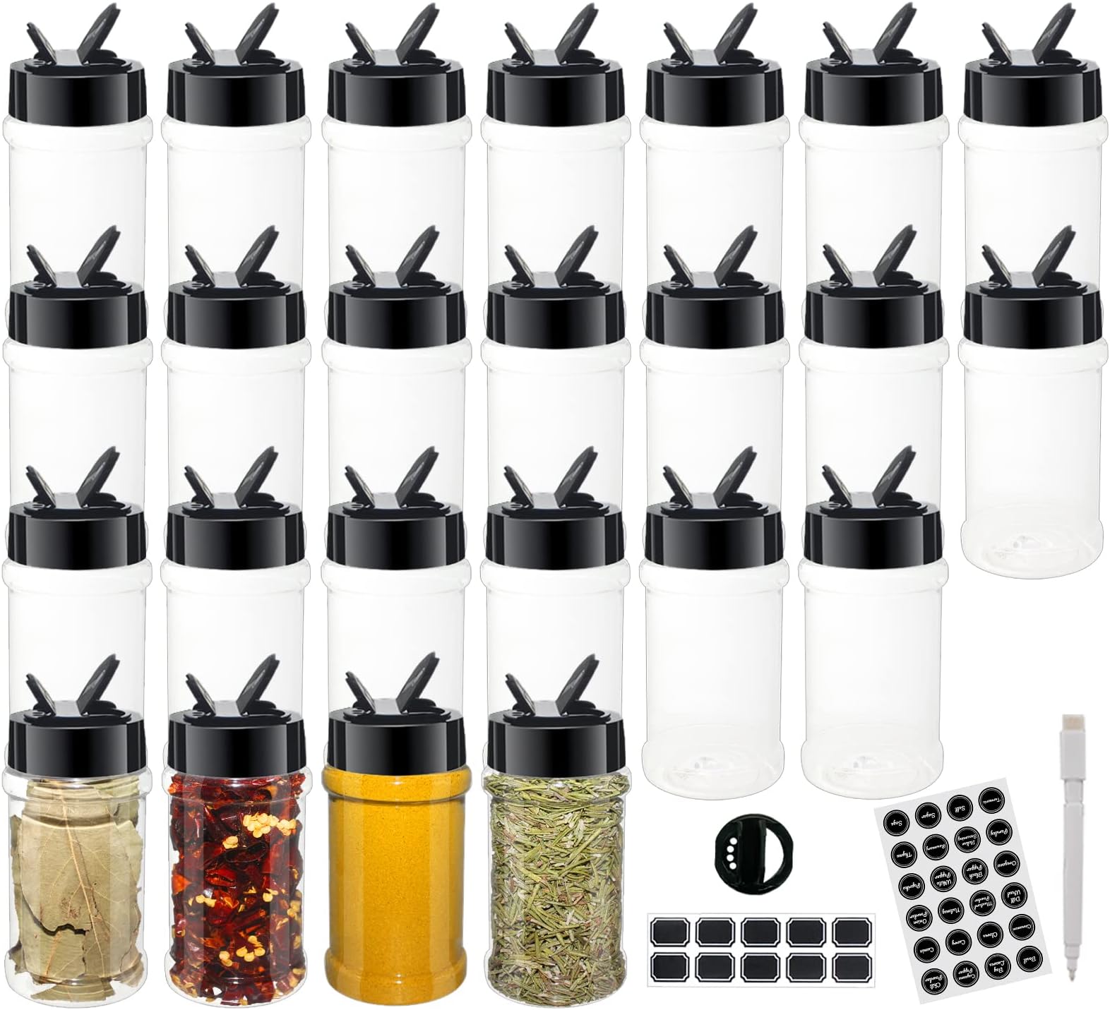 BPFY 24 Pack 6oz Clear Plastic Spice Jars With Black Plastic Lids, Empty Roun...