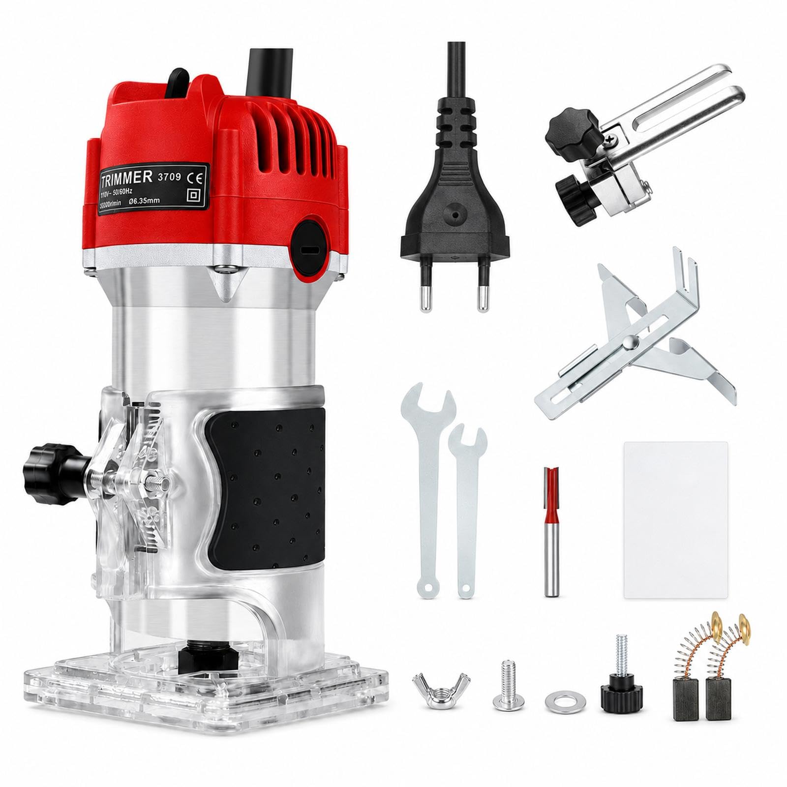 Fresadora Para Madera Compacta, 800W 30000RPM Fresadora De Mano Portátil, 6,35 mm Rebajadora Eléctrica con Guía Lateral y Guía Recta, para Ranuras, Cantos y Perfiles