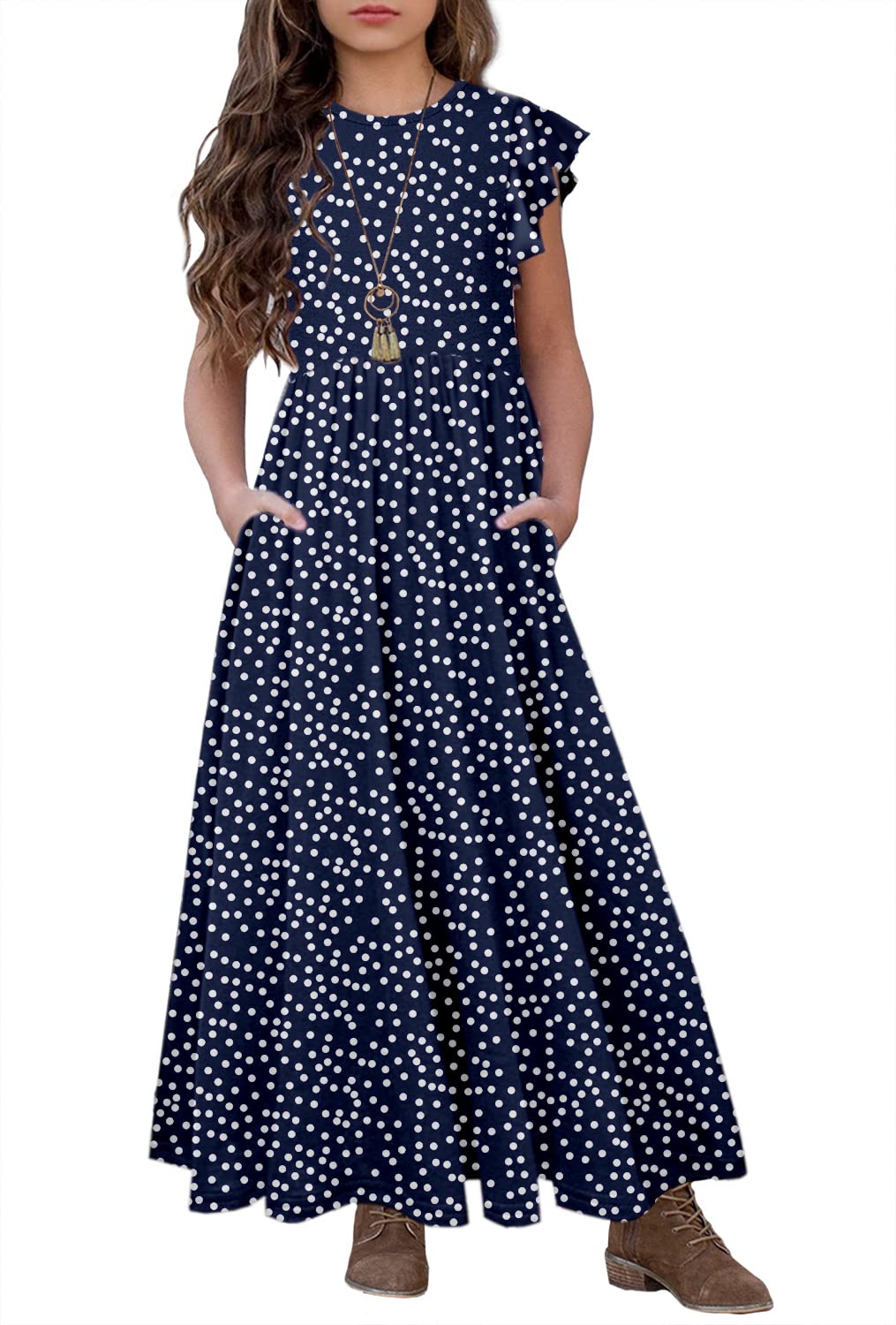 HOSIKAGirls Floral Maxi Dress Boho Ruffle Sleeve Pleated Casual A-line Swing Dresses with Pockets 6-12 Years