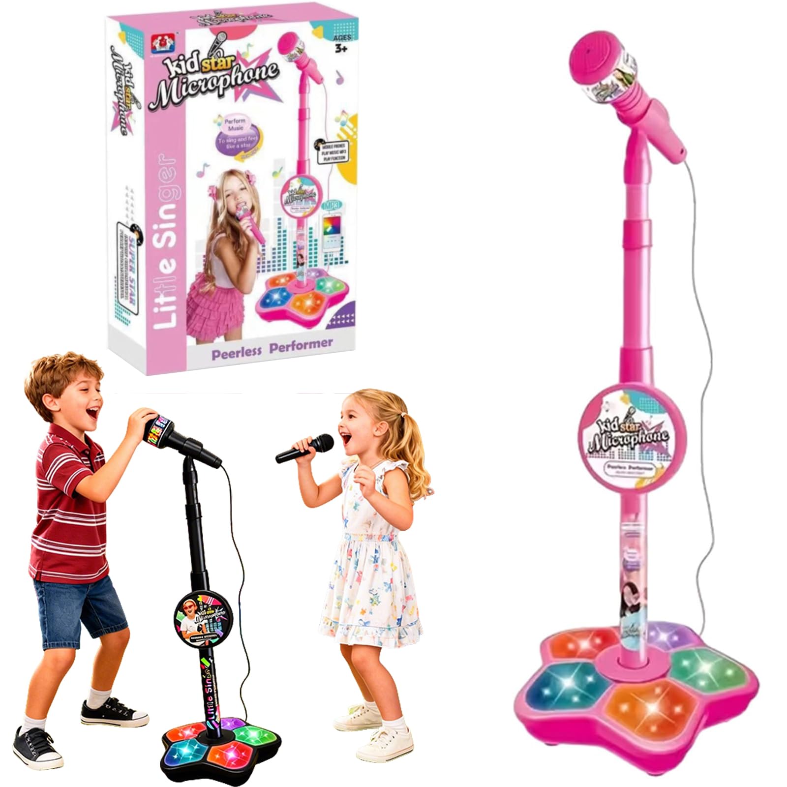 Portable Kids Karaoke Microphone with Stand, Adjustable Stand Lights，Bluetooth Toy Microphone with Built-in Music, 5 LED Lights & Echo Effect, Singing Machine Gift for Girls & Boys (Pink)