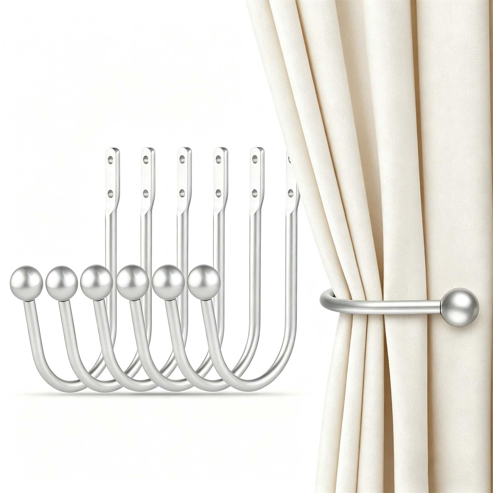 Curtain Tieback Holdbacks, 6pcs Metal Curtain Hooks for Wall Mounted, Curtain Drapery Holder Pull Backs for Hanging Items and Window Decoration, Silver