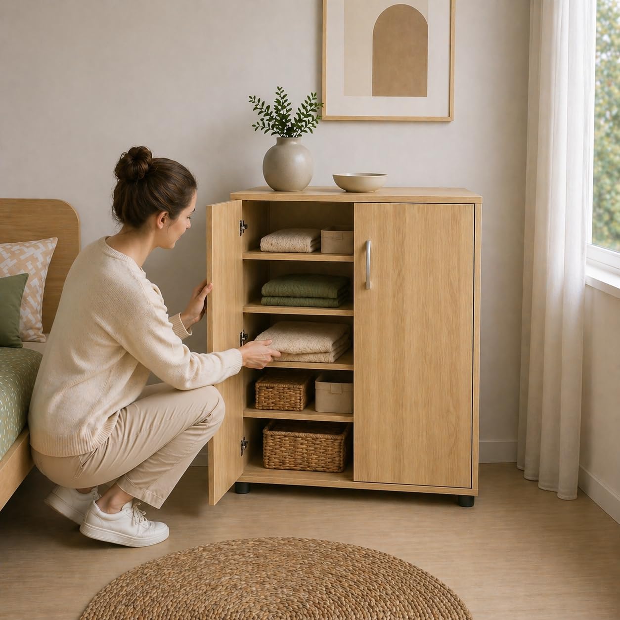 Mobile Scarpiera in Legno 4 Ripiani 60X30X83.5CM - Salvaspazio, Multiuso, 2 Ante, con Maniglie, Compatta, Versatile, d'Arredo, Camera da Letto, Ingresso, Organizer - Effetto Venato (Rovere)
