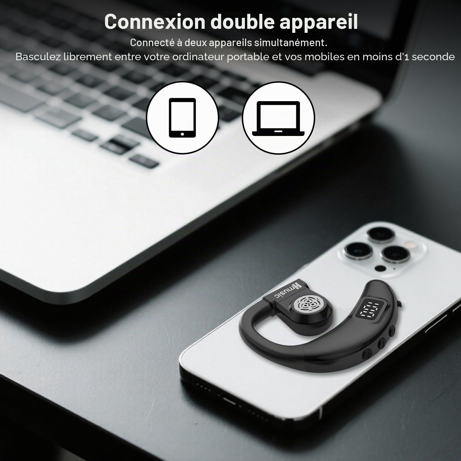 Hmusic Oreillette Bluetooth sans Fil V5.4, IPX5 Étanche, Kit Mains Libres avec 2 Micro Anti-Bruit, 20H d'Autonomie, 18g Ultra-léger, Affichage Numérique LED, pour Conduite, Bureau, Affaires