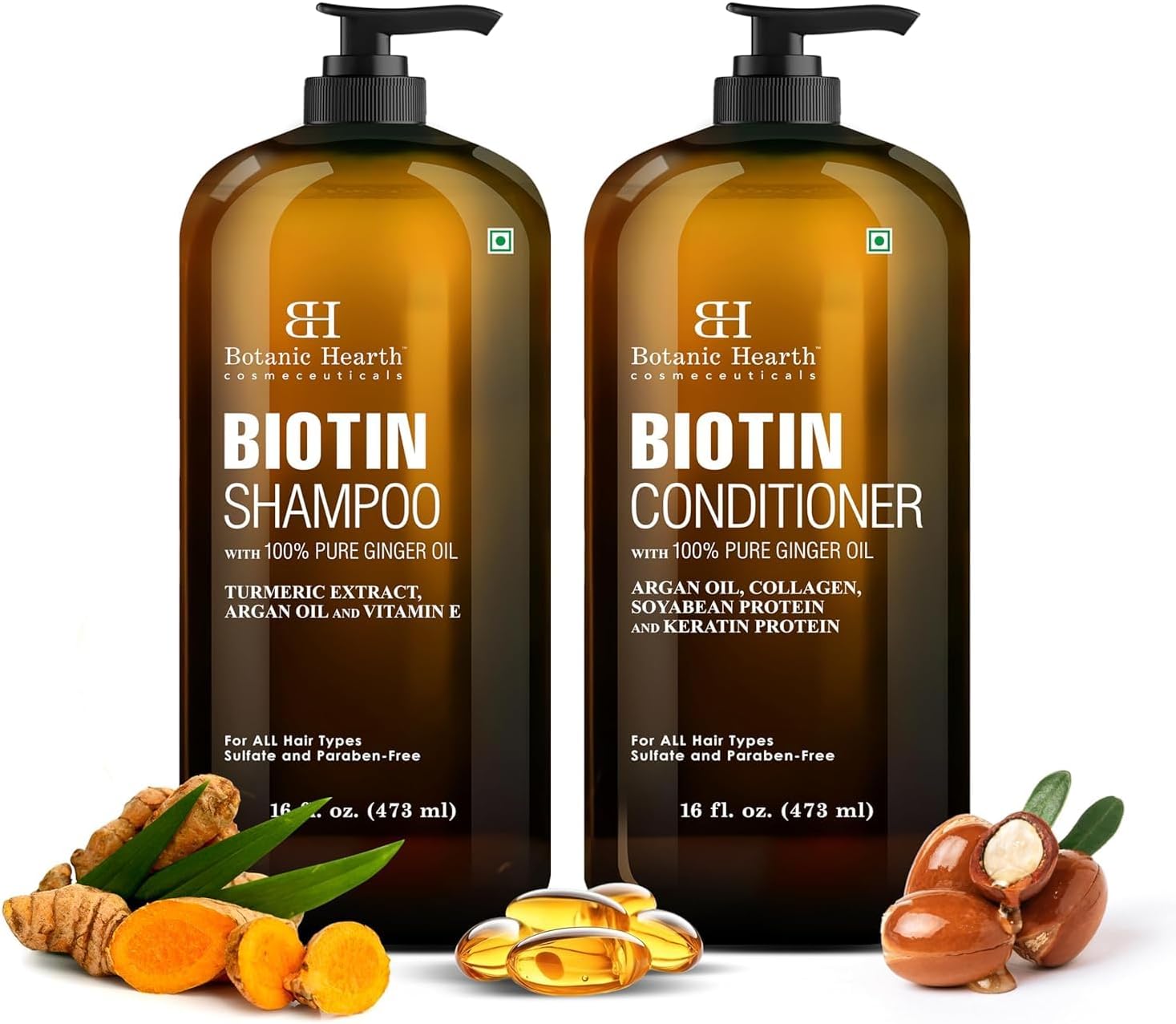 Botanic Hearth Biotin Shampoo and Conditioner Set - with Ginger Oil & Keratin for Hair Loss and Thinning Hair for Men and Women - Sulfate Free, 16 fl oz each