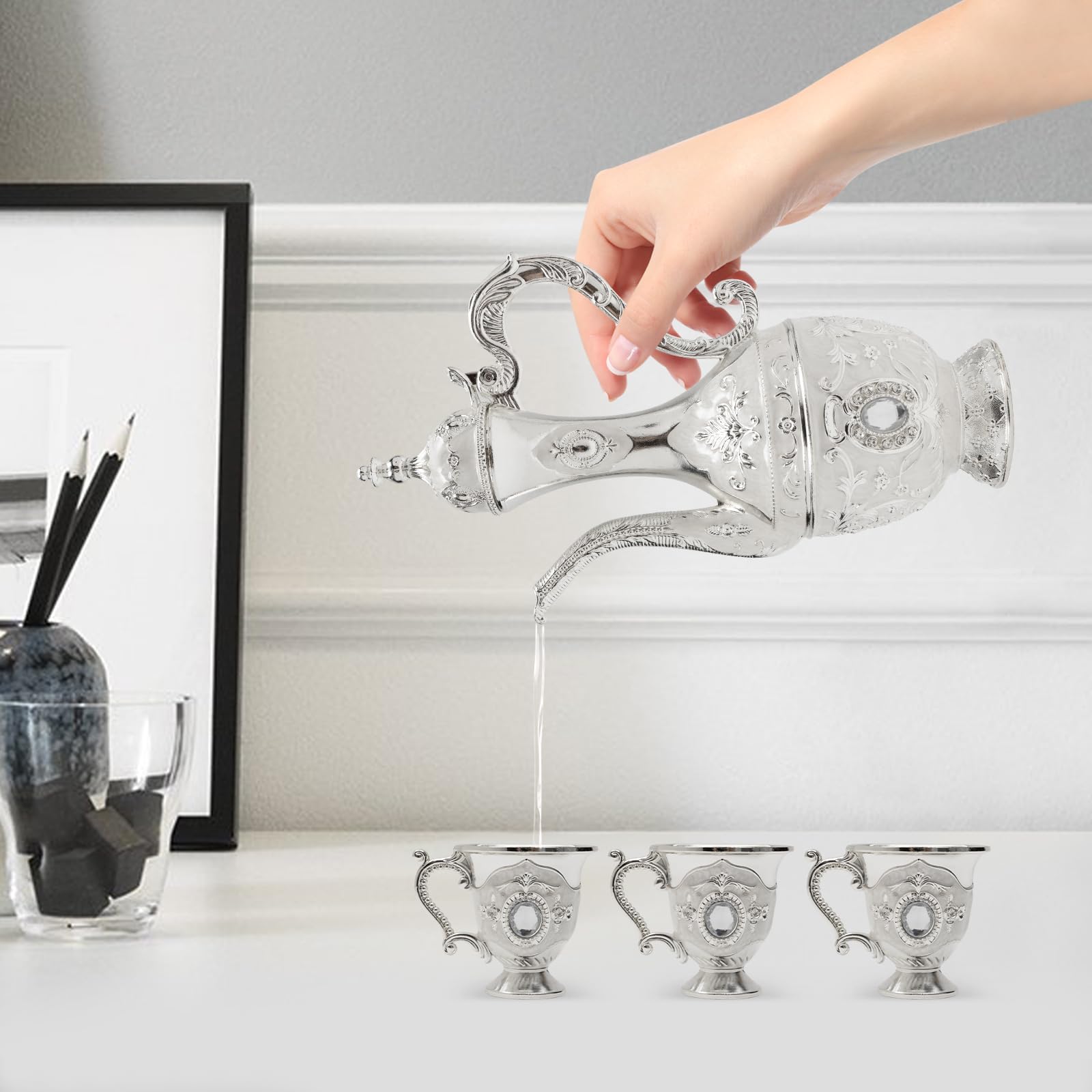 Headery Turkish Tea Set Vintage Metal Turkish Coffee Set with Pot Tray and 6 Cups Luxury Teapot Set Tea Party Set for Home Decor Birthday Christmas Wedding Restaurant Hotel (Silver)