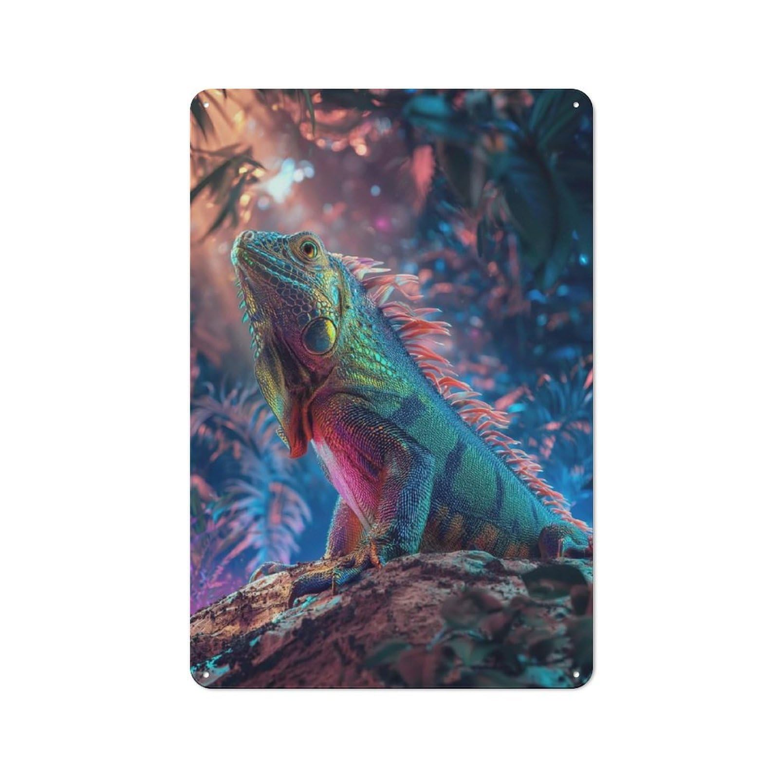 Retro Metal Plaque 30x20cm Featuring Vibrant Iguana in Lush Jungle for Workshop Wall, for Metal Sign Collectors, for Garage And Workshop Walls