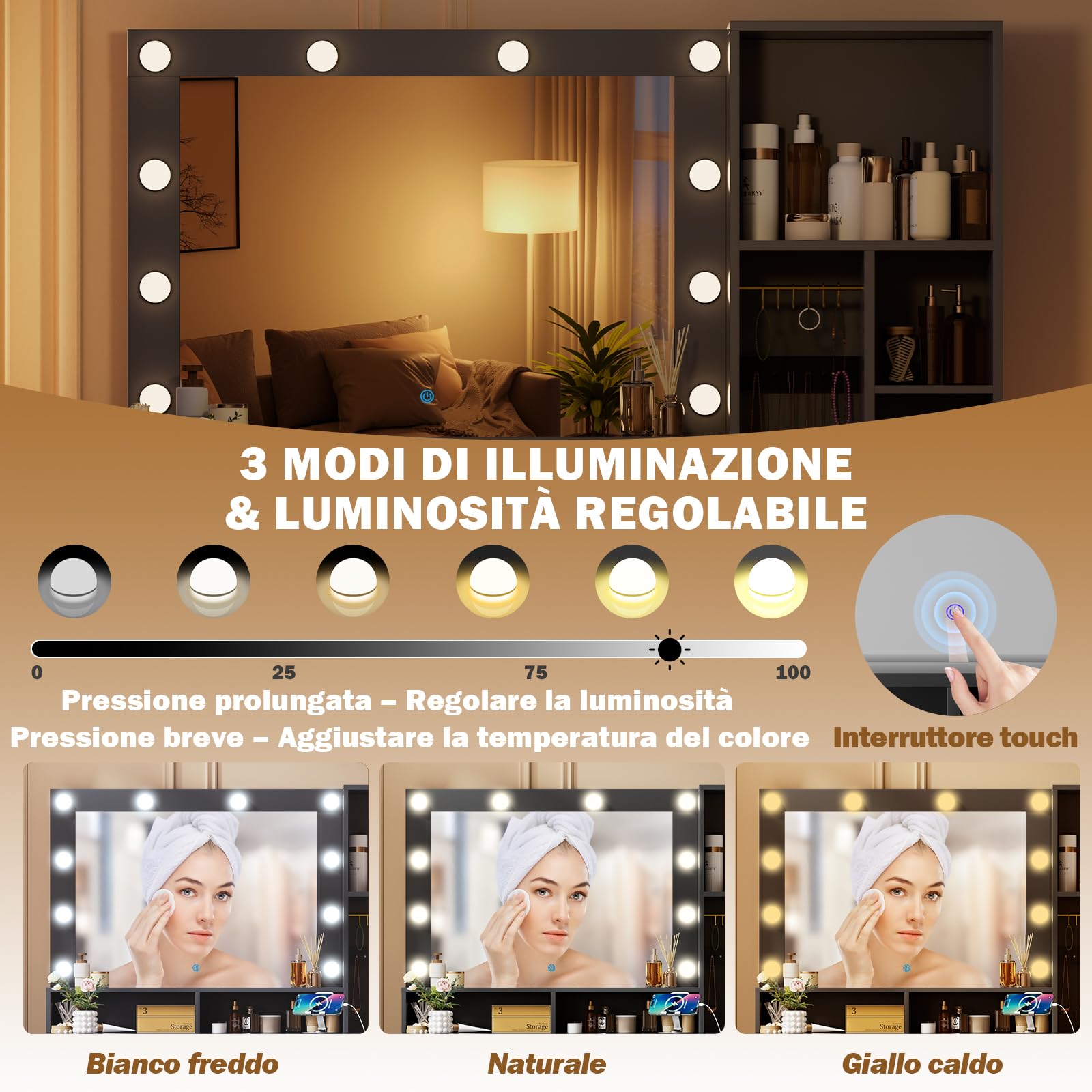 TRIUMPHKEY Toeletta Trucco con Specchio e Luci,Tavolo da Toilette con Cassetti, Postazione Trucco con Ripiani Aperti, Ganci per Gioielli e Presa Elettrica per Camera da Letto,Moderno (Nero)