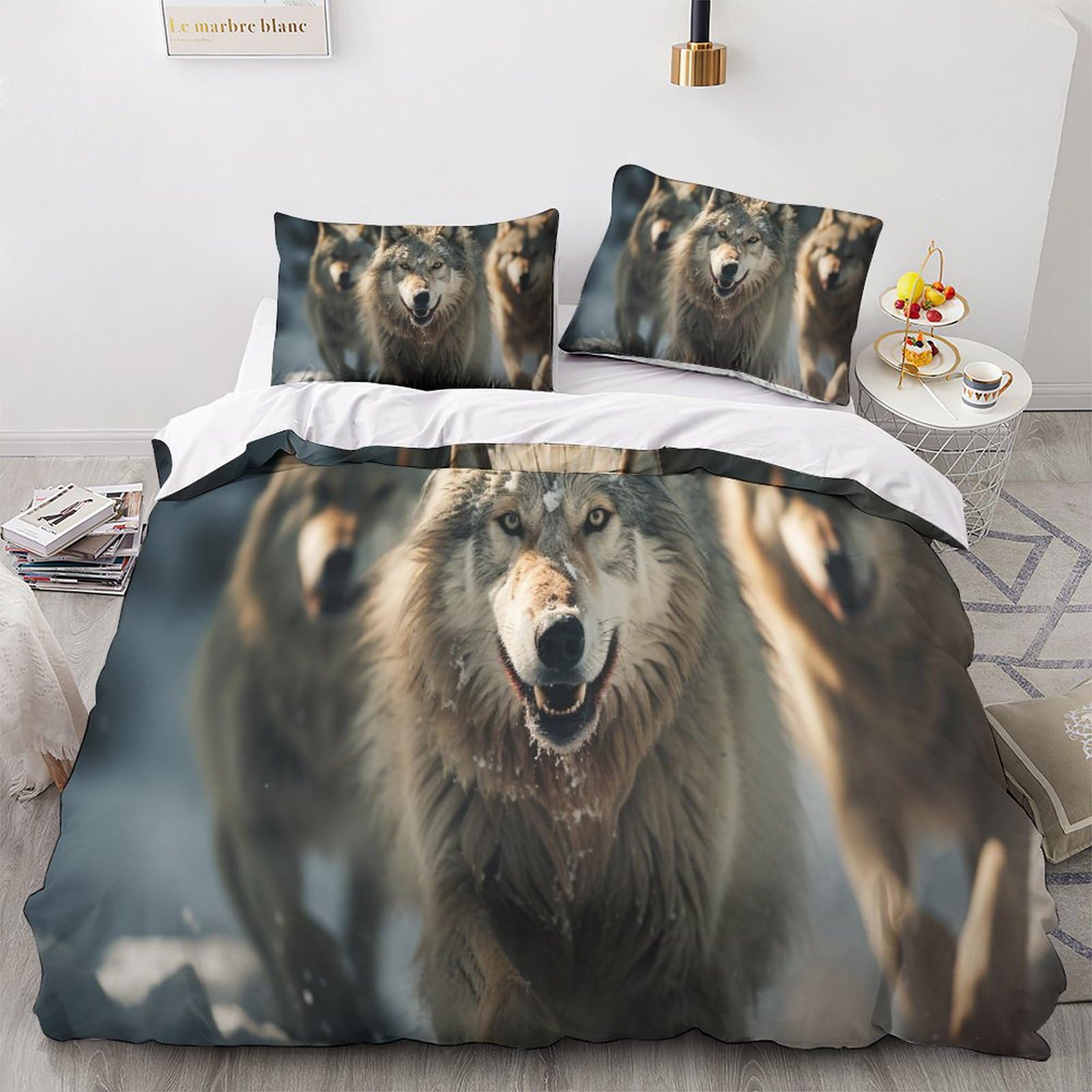 GEEYOU Wolf Pack Lovingly Bedding Set Hidden Zipper Wolf King Duvet Cover Set with Pillowcases Quilt Cover Set Soft Microfiber Comforter Cover Various Sizes for Kids Adults King（220x240cm）