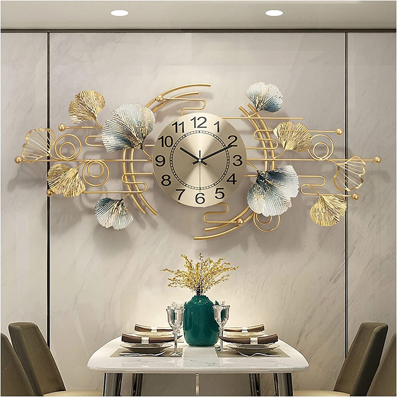 SaryEdge Wall Clock Modern Art Clock Large Metal Decor Wall Clock, Modern Ginkgo Leaf Design Silent Operated Clocks Home for Living Room, Bed Room, Kitchen,Gold,85 * 37Cm,