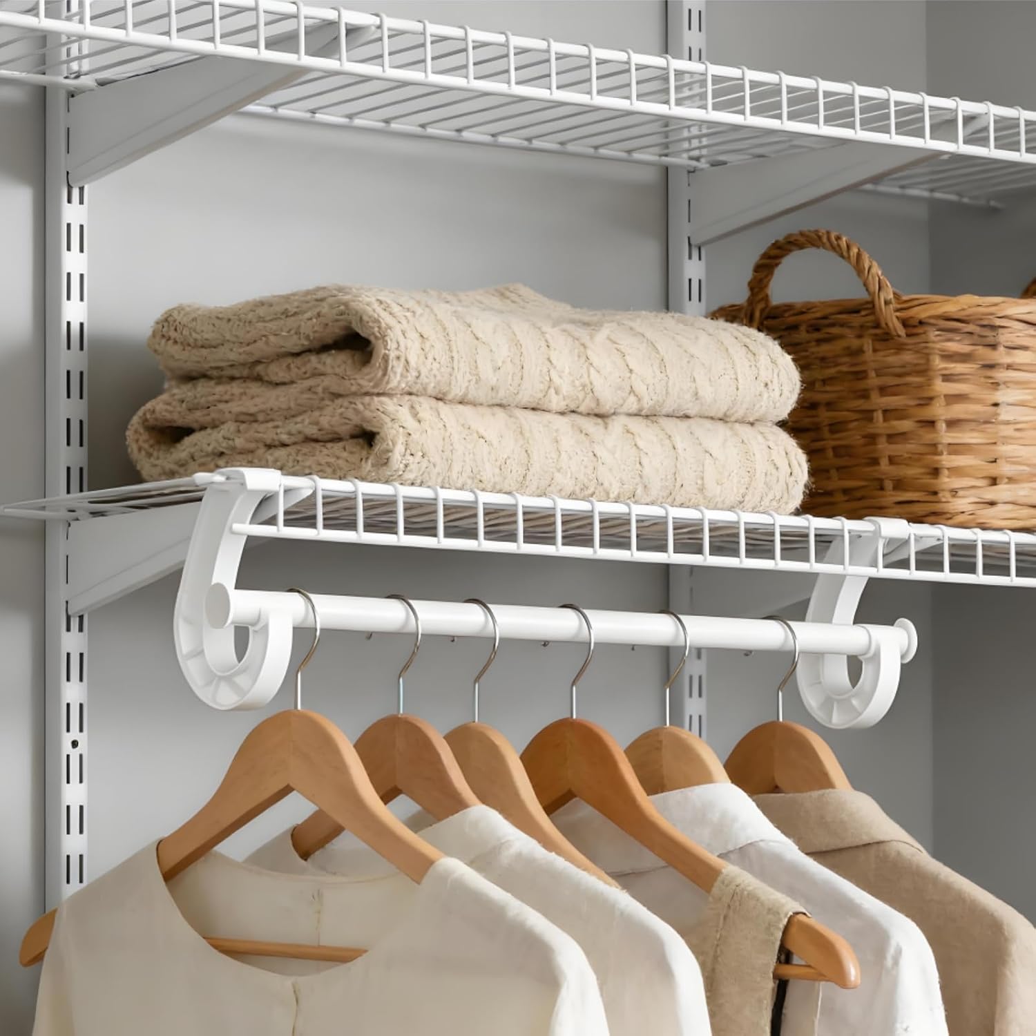 10 Pcs Hanging Closet Rod Support, Plastic Closet Rod Brackets for Hanging Clothes, 3/4 Wardrobe Clothes Rods Bracket, Sturdy J-Shaped Hooks for Cabinets Storage and Curtain, White