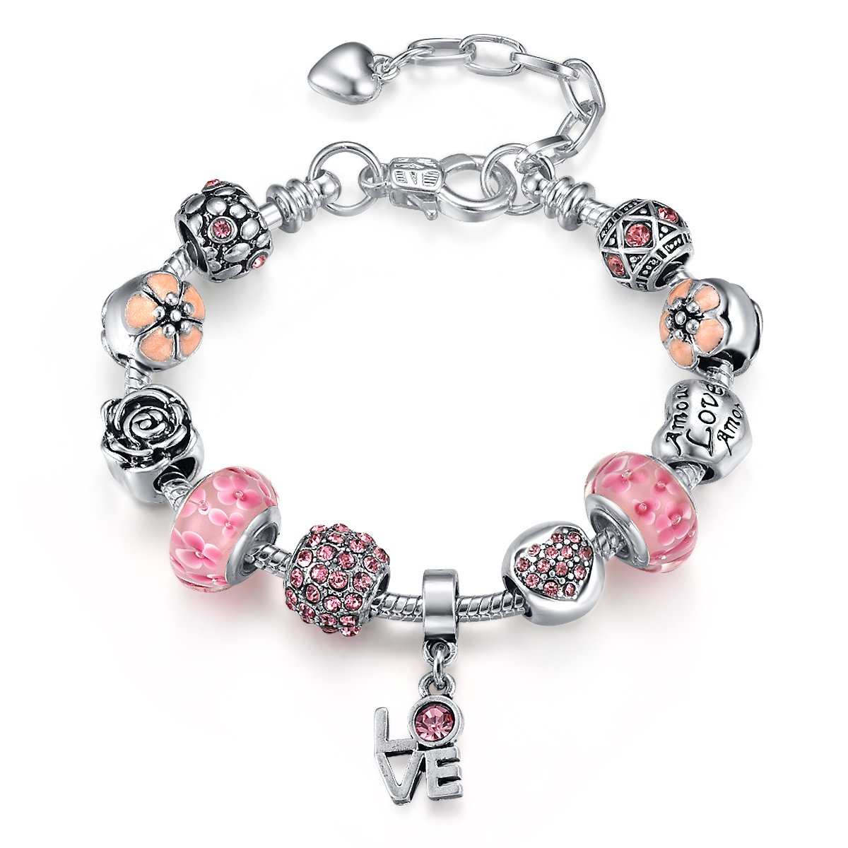 PresentskiAjustable Charm Pulsera con Azul Perla Cristal Murano Rosa Flor Corazón para Mujer con una Caja Regalo