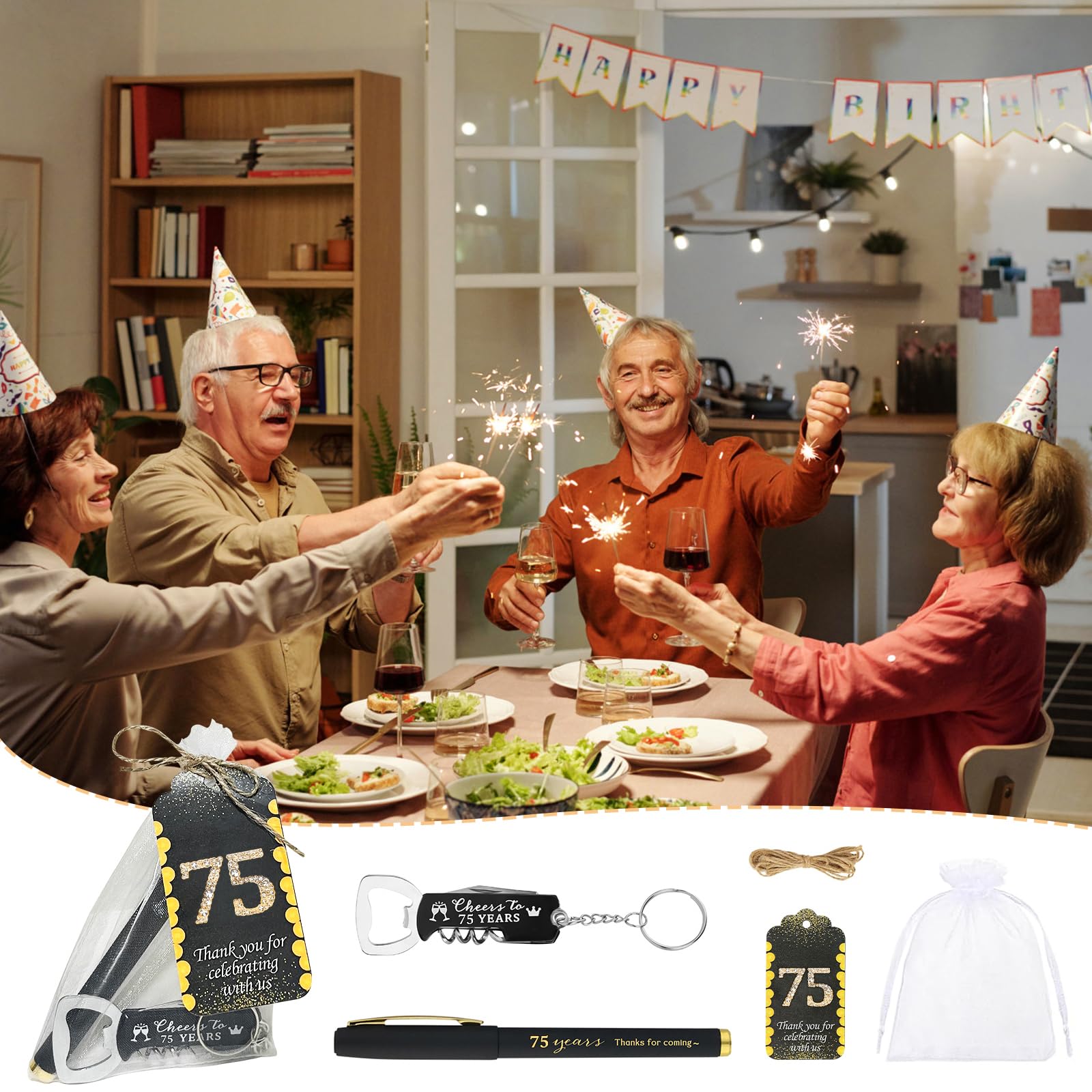 Gastgeschenke zum 75. Geburtstag, inklusive Stifte, Flaschenöffner, Schlüsselanhänger, Großpackung, Dankeskarten mit Organza-Geschenktüten für Geburtstag, Jahrestag, Souvenirs, Prost bis 75