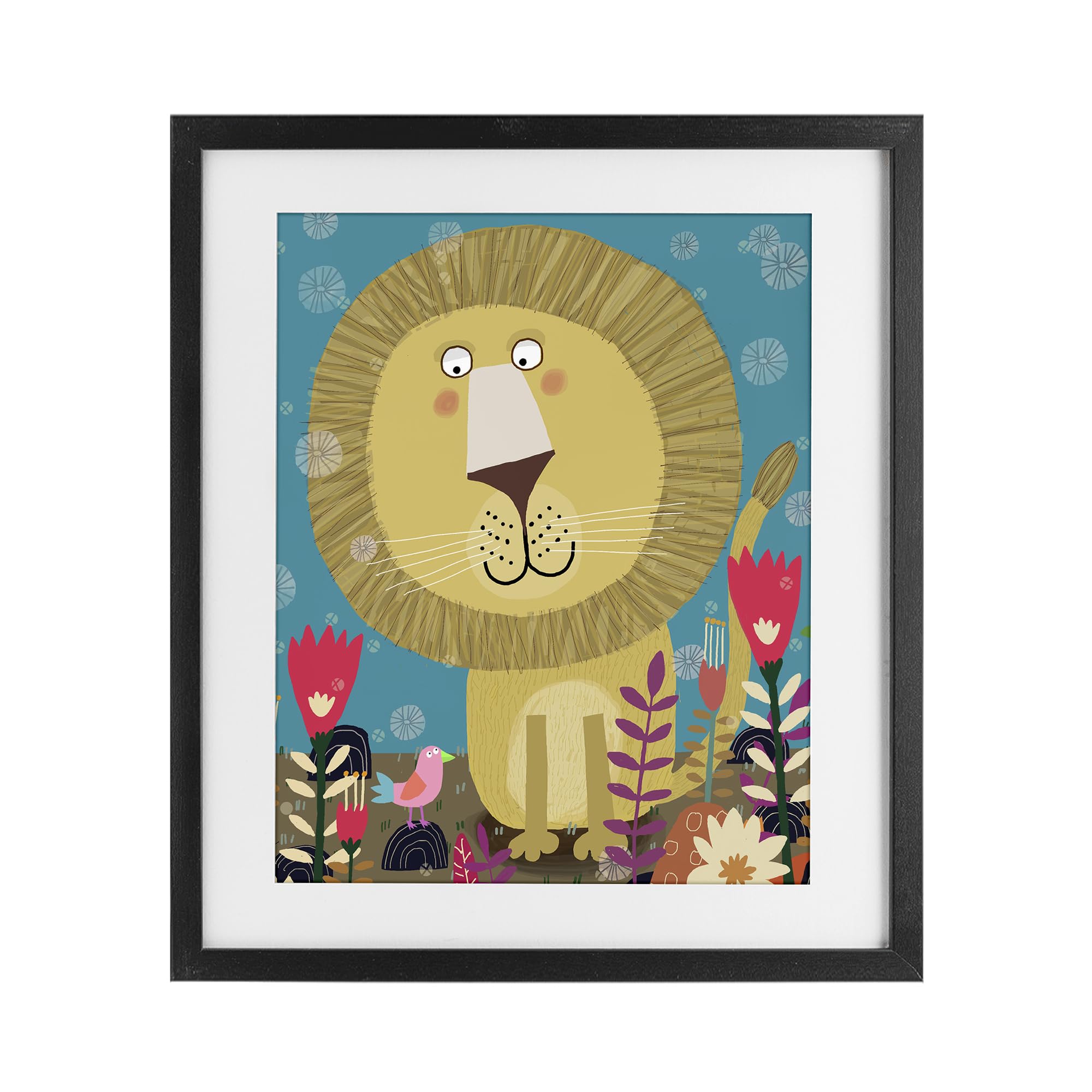 Stupell Industries Midnight Black (Textured) Boho Lion Floral Nursery Charm, 17 X 21 Inch Framed Print Under Glass