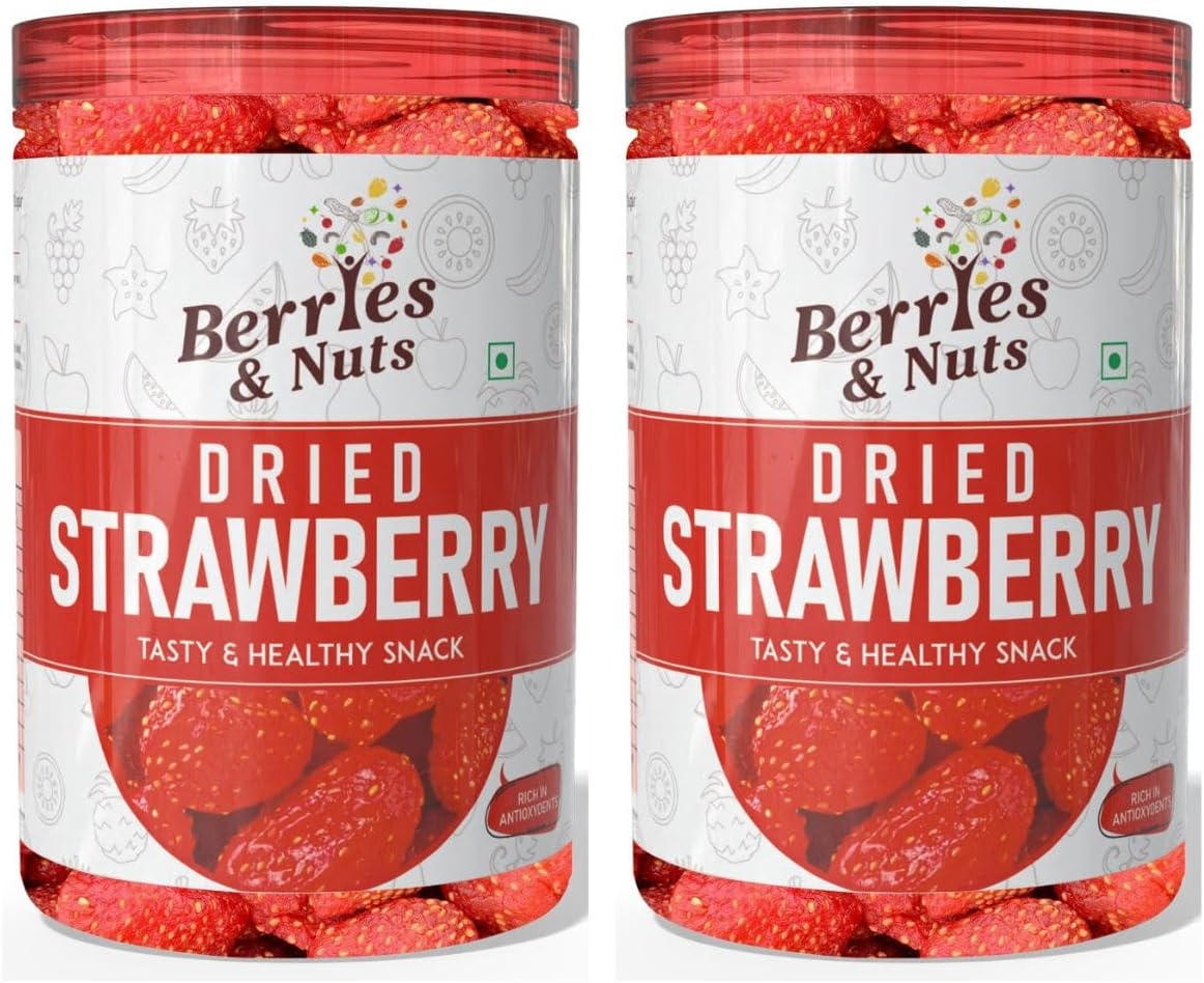 Berries And Nuts Dehydrated Dried Strawberries | Candied Dried Strawberries | 400 Grams | 2 Bottle of 200 Grams