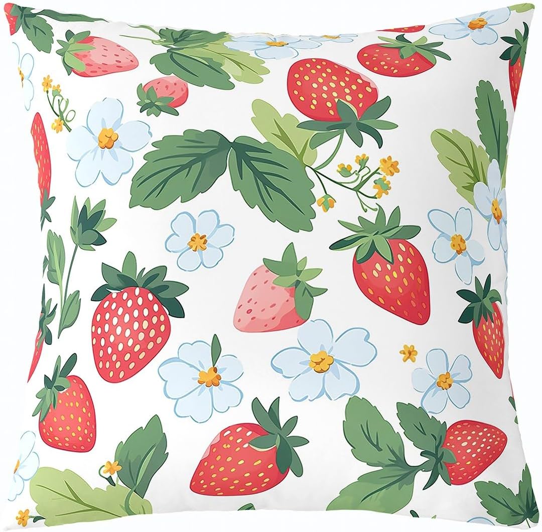 Feelyou Red Strawberry Throw Pillow Covers Kawaii Strawberry Pillow Covers for Home Sofa Bed Couch for Kids Boys Girls Cute Fruits Cushion Covers Sweet Strawberry Pillowcases, 24X24 Inches Set of 2