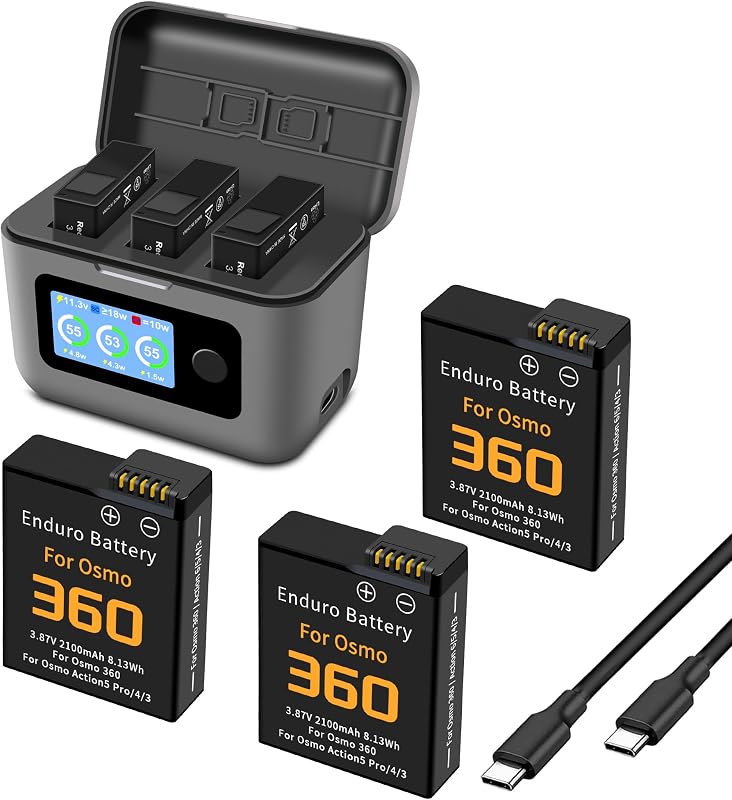 3-Pack Osmo 360 Battery, 3-Channel 27W Charger for DJI Action 6/5 Pro/4/3 | Fast Bi-Directional Charger Hub, Compatible for DJI Osmo Action 5 Pro, Action 4, Action 3 and USB-C Cable 2100mAh