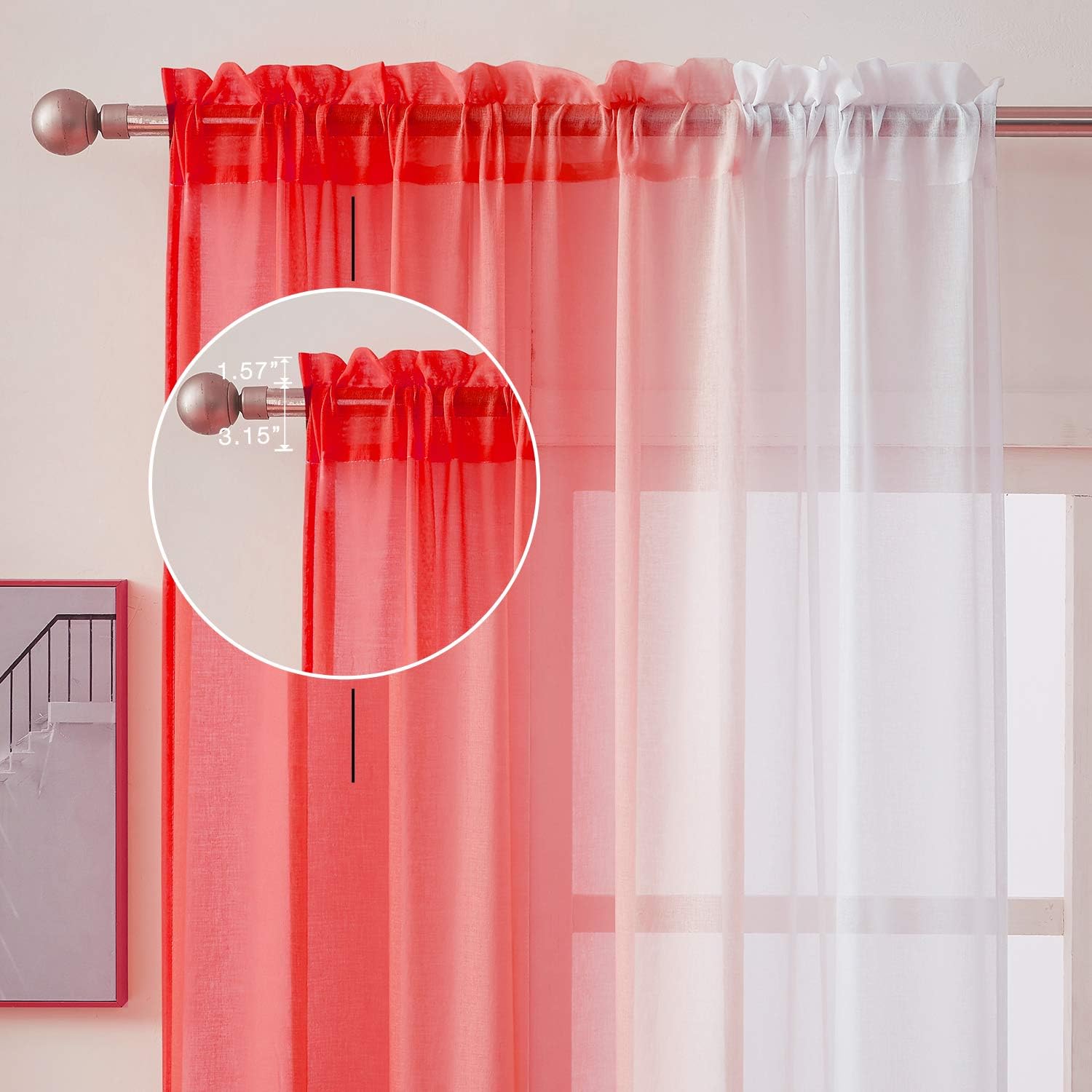 Ombre Faux Linen Sheer Curtains for Bedroom Living Room Rod Pocket, Privacy and Light Filtering, 2 Tone Reversible Gradient Voile Semi Window Curtains, Set of 2 Panels, Red, 54 x 96 Inch Length