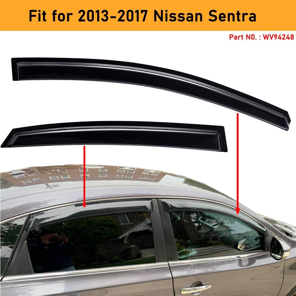 Lightronic Extra Durable Outside-Mount Auto Vent Window Visor, Fits 2013-2019 Nissan Sentra, UV Protection Rain Guard, Original Wind Deflector, No-Drill Easy Install, Dark Smoke, 4-Pcs