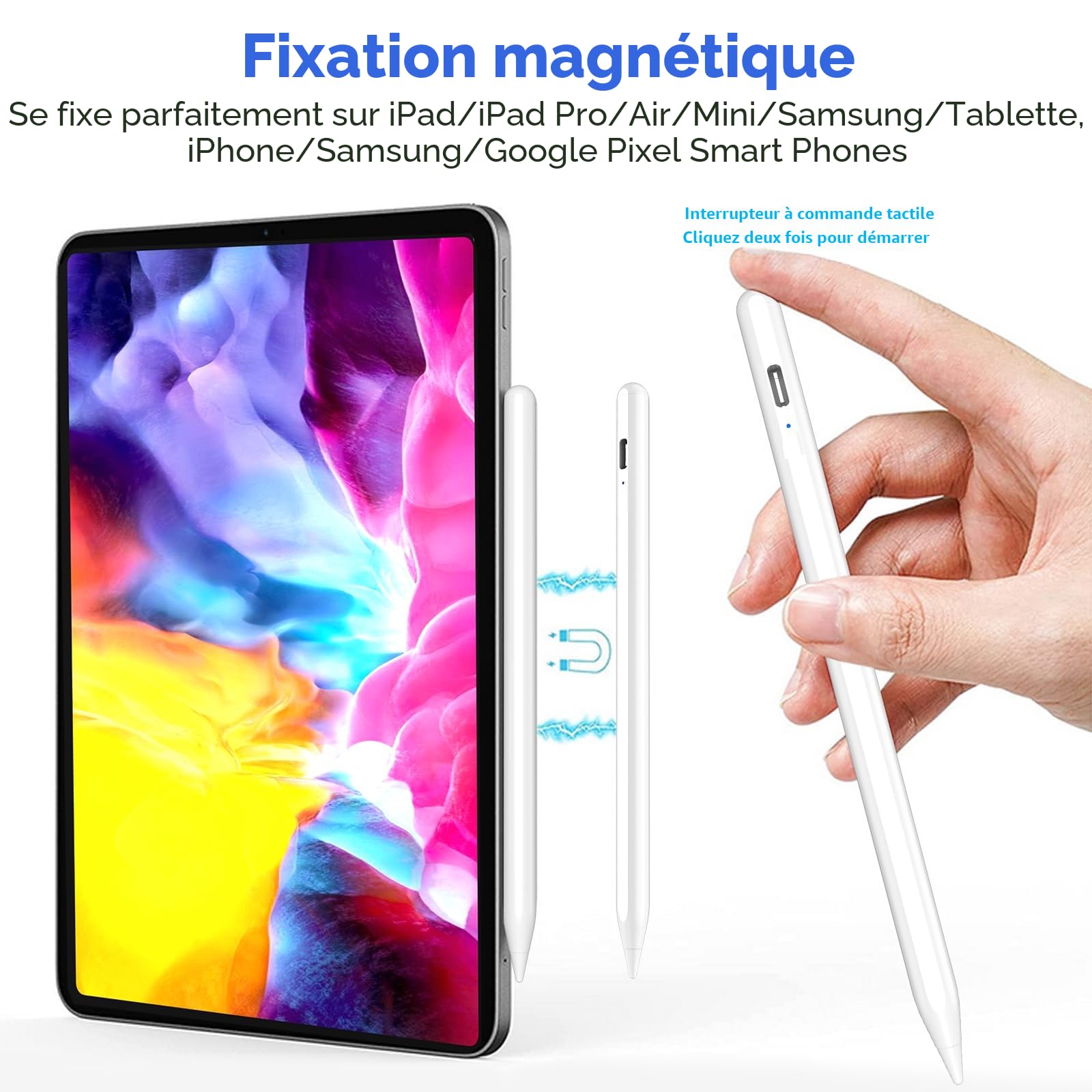 KARFUN Stylet Tablette Android, Stylet Tablette pour Charge Rapide, Fixation Magnétique, Compatible avec Samsung, Xiaomi et Lenovo Etc (Blanc)