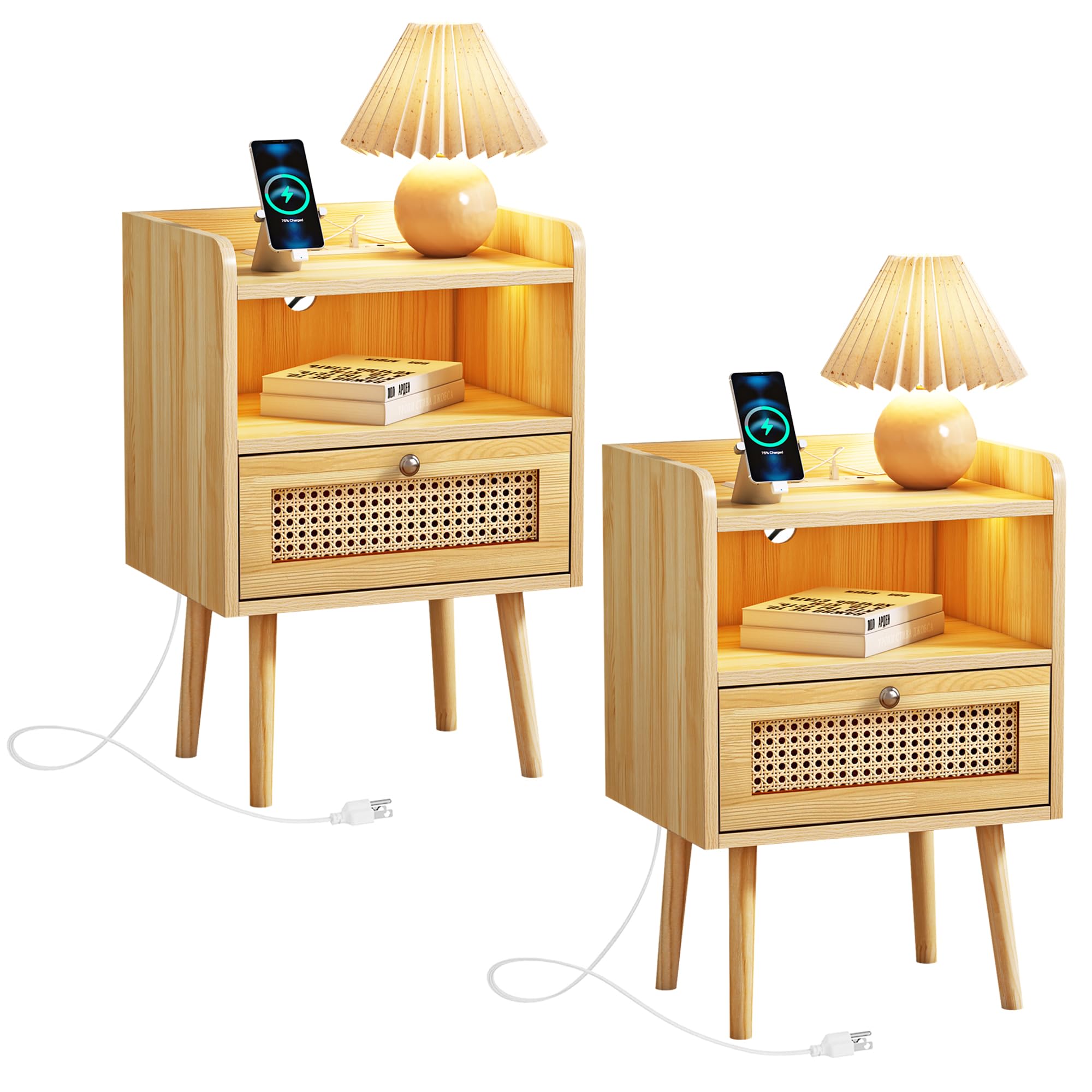 DMIDYLL Rattan Nightstands Set of 2, Small End Table with Charging Station and LED Lights, Mid Century Modern Side Table with Storage for Living Room, Bedroom and Small Spaces, Natural Walnut