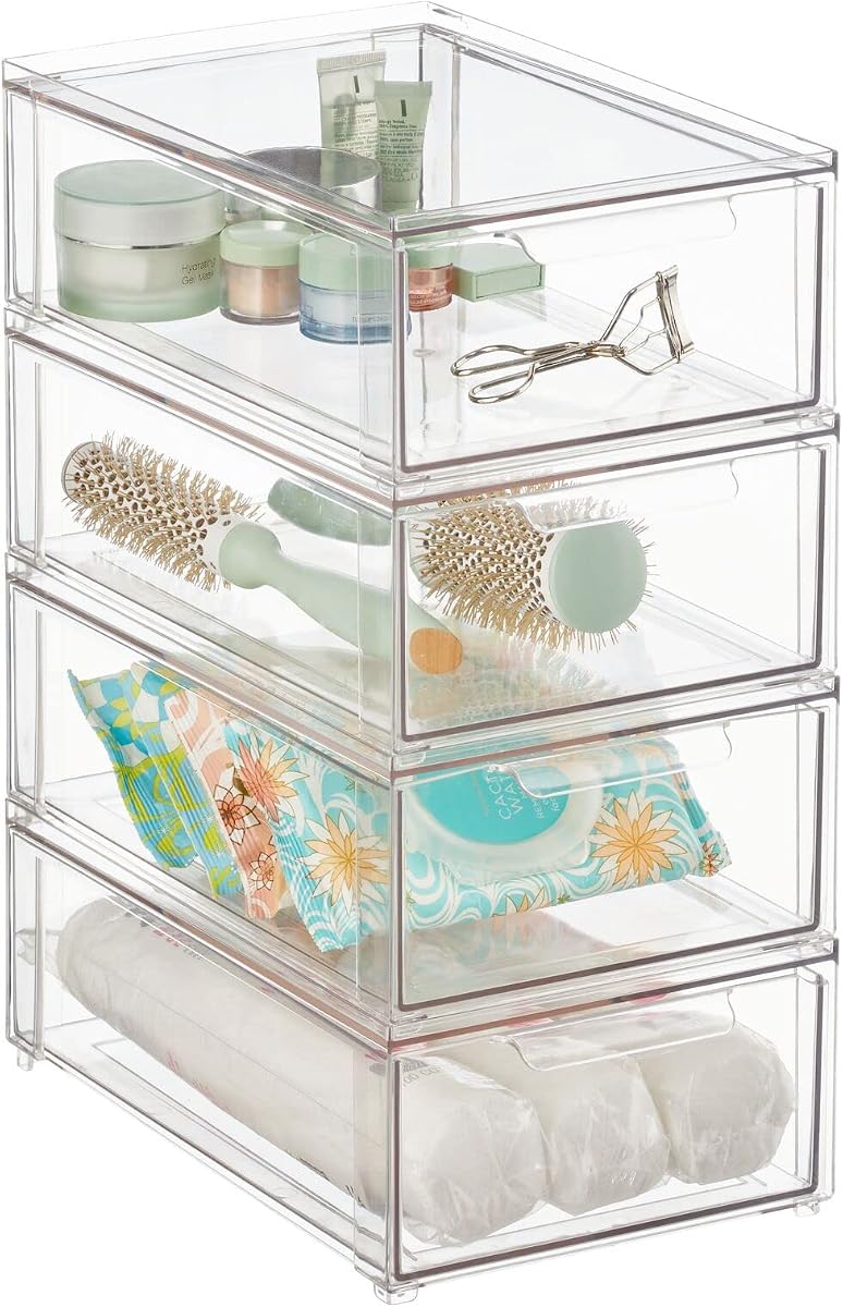 Organizador de almacenamiento de baño apilable de plástico con cajón extraíble para gabinete, tocador, estante, armario o organización de armario - Colección Lumiere - Paquete de 4 - Transparente