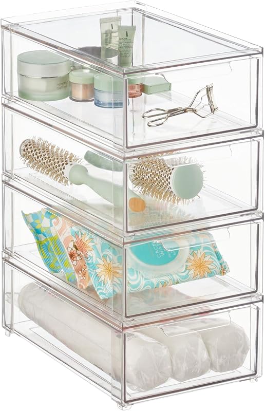 Organizador de almacenamiento de baño apilable de plástico con cajón extraíble para gabinete, tocador, estante, armario o organización de armario - Colección Lumiere - Paquete de 4 - Transparente