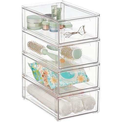 mDesign Plastic Stackable Bathroom Storage Organizer Bin with Pull Out Drawer for Cabinet, Vanity, Shelf, Cupboard, Cabinet, or Closet Organization - Lumiere Collection - 4 Pack - Clear