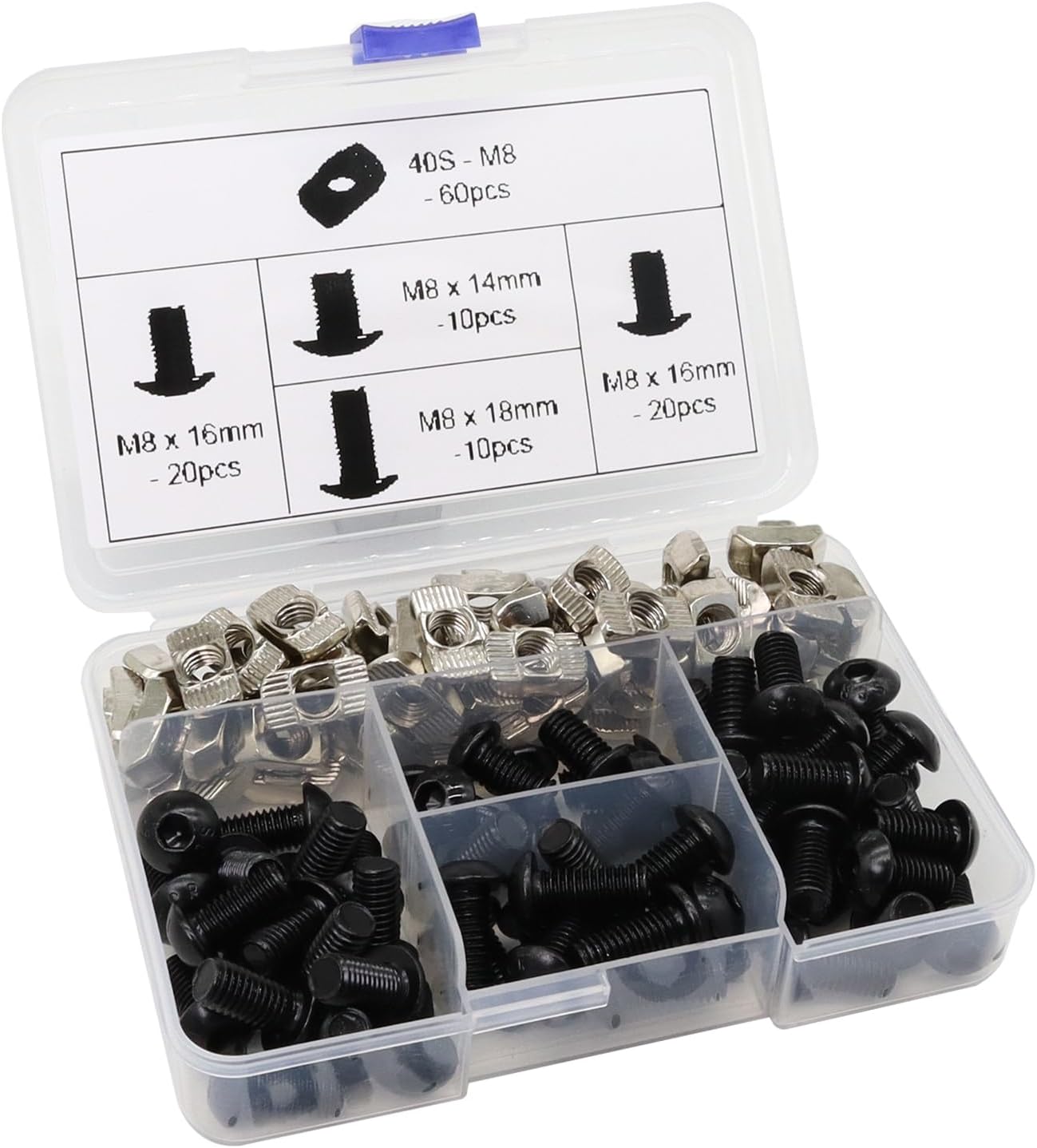 120Pcs 4040 Aluminum Extrusion Hardware Black Kit - M8 T Slot Nuts & Bolts 10Pcs M8x14, 40 M8x16, 10 M8x18, 60Pcs 40 Series M8 Drop-in T Nuts, Compatible with 4040 4080 Extrusion Accessories