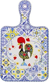 Portuguese Ceramic Decorative Serving Tray with Rooster and Azulejo Tile Design, Cork Backing
