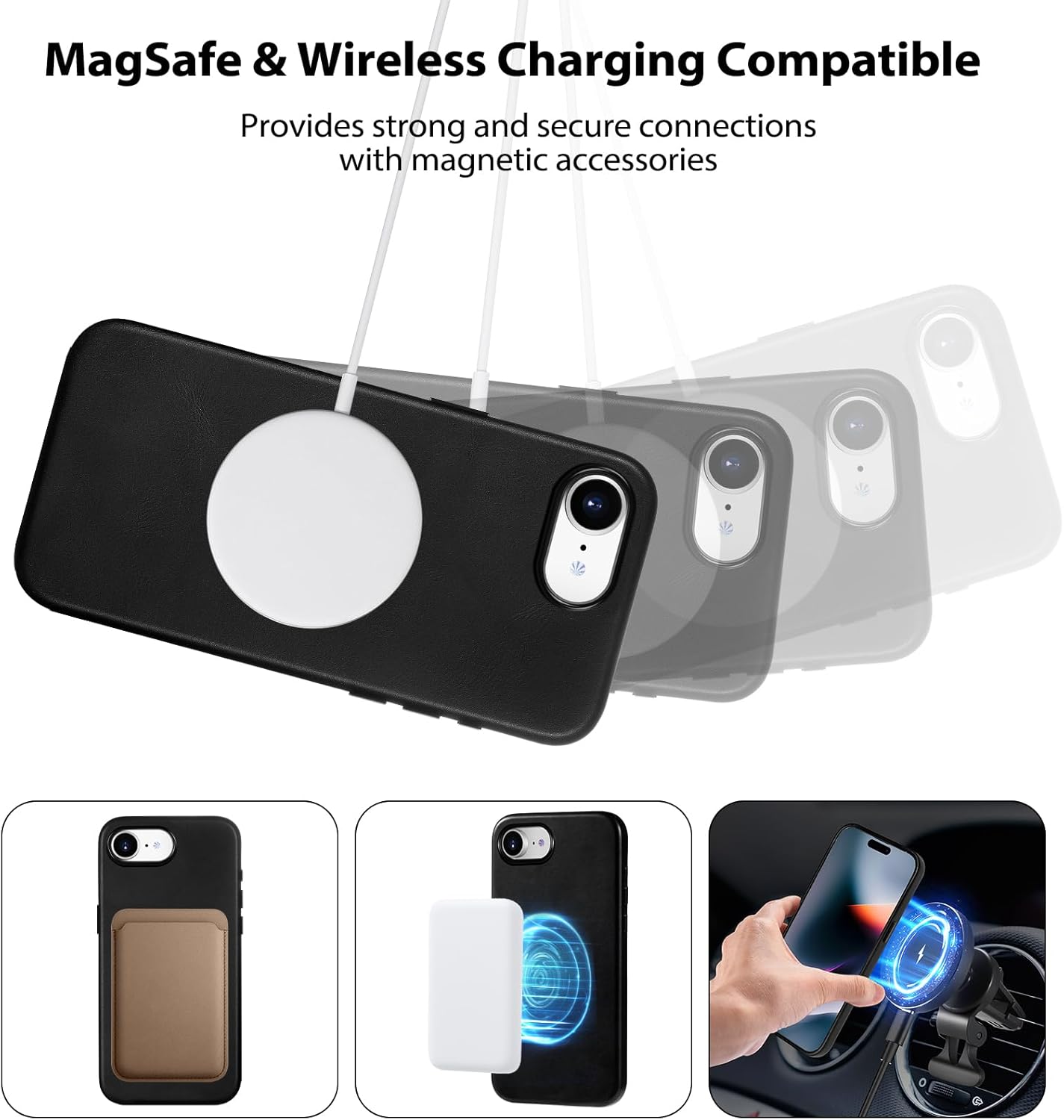 Belemay Handcrafted Full-Grain Vegetable-Tanned Leather Case for iPhone 17e / iPhone 16e, Compatible with MagSafe, Two-Tone Effect, Natural Patina, Metal Buttons Luxury Cover (6.1"), Black