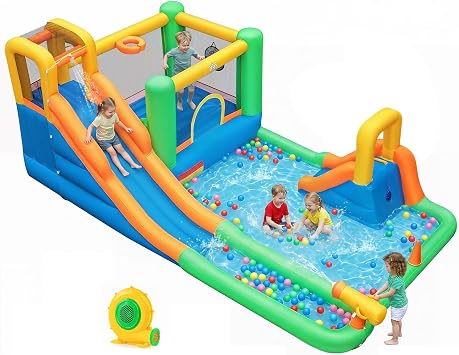 BOUNTECH Inflatable Water Slide, 8-in-1 Dual Slides Kids Water Park Jump Castle, Water Slides Inflatables for Outdoor with Splash Pool, Big Kids Backyard Party Water Slide Bounce House with Blower