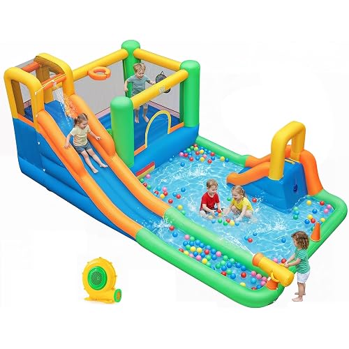 BOUNTECH Inflatable Water Slide, 8-in-1 Dual Slides Kids Water Park Jump Castle, Water Slides Inflatables for Outdoor with Splash Pool, Big Kids Backyard Party Water Slide Bounce House with Blower