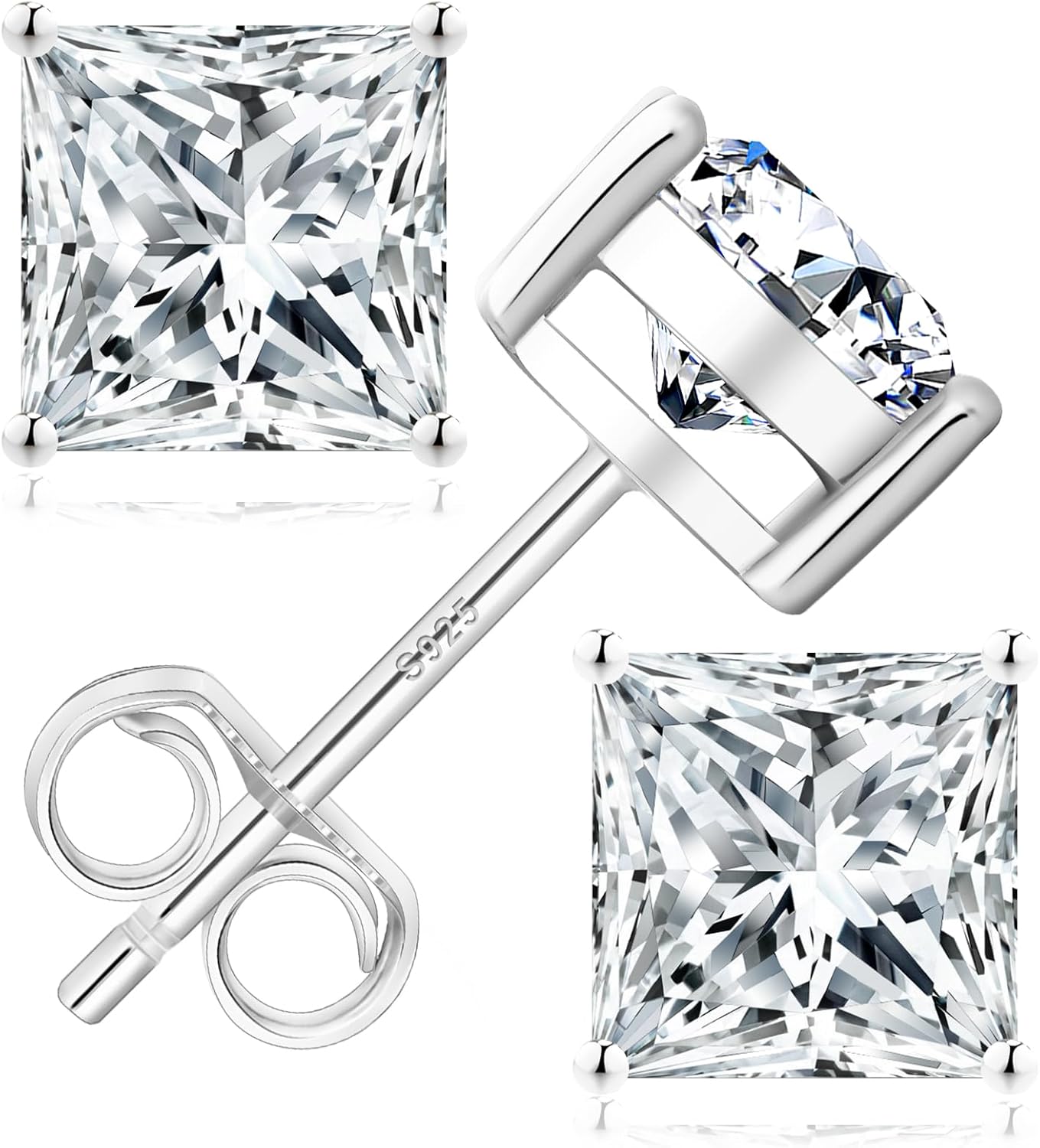 KRKC&CO Princess Cut Moissanite Earrings Studs for Women, Anniversary/Birthday/Valentine's Day Gift for Her, 925 Sterling Silver, D Color, VVS1, 0.6ct-2ct, White Gold Plated & Gold Plated - Image 9