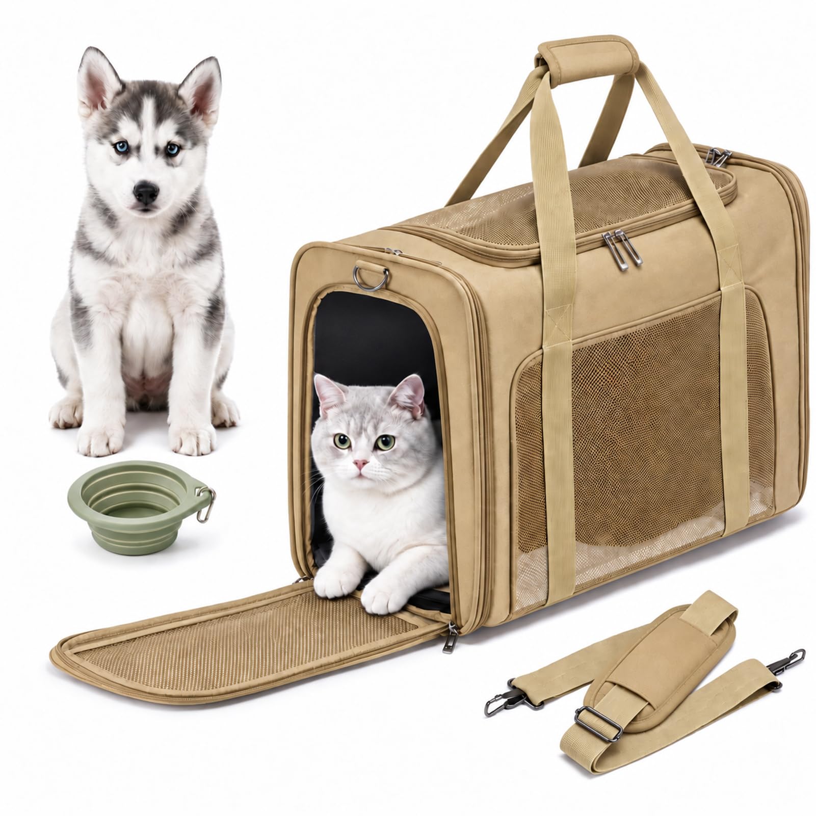 Eurowings Lufthansa - Trasportino per cani in aereo, 55 x 40 x 23 cm, pieghevole, con ciotola da viaggio pieghevole, per cani e gatti, fino a 12 kg, colore cachi