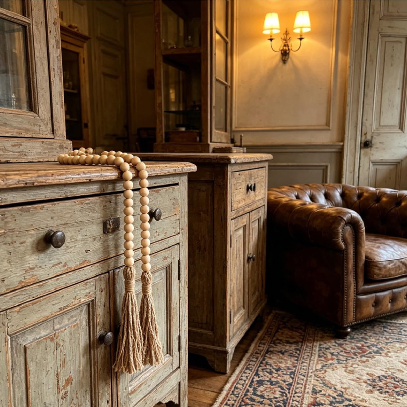 Holzperlen Girlande 148cm 16mm, 84 Holzperlen mit Quasten Deko | Holzperlenkette Naturholz, Perfekt für Wohnzimmer, Schlafzimmer, Weihnachtsbaum, Kamin oder Hochzeitsdeko
