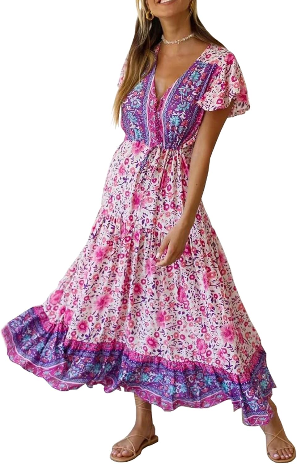 R.Vivimos Womens Summer Floral Print Cotton Short Sleeve Flowy Dress