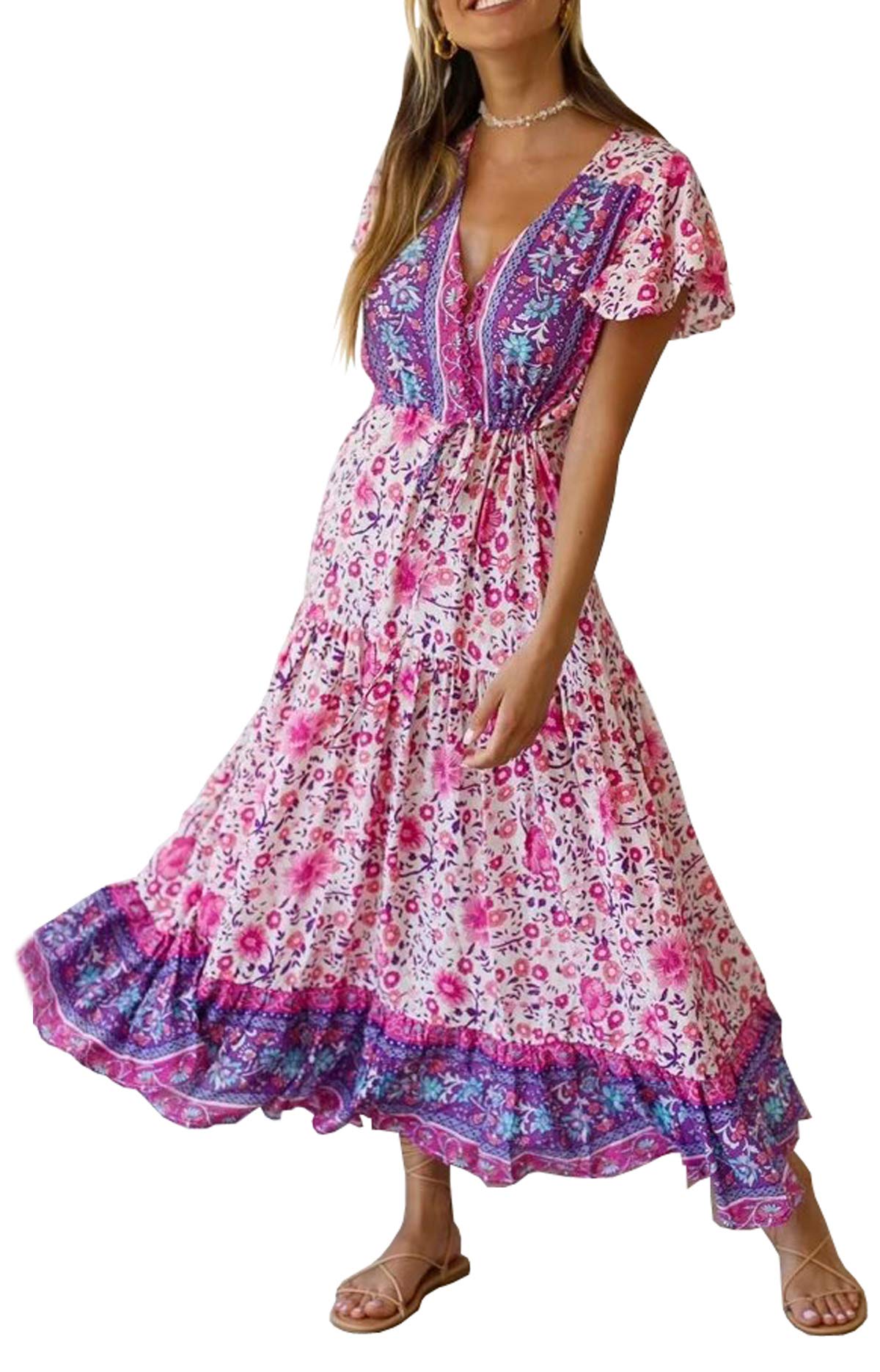 R.Vivimos Womens Summer Floral Print Cotton Short Sleeve Flowy Dress