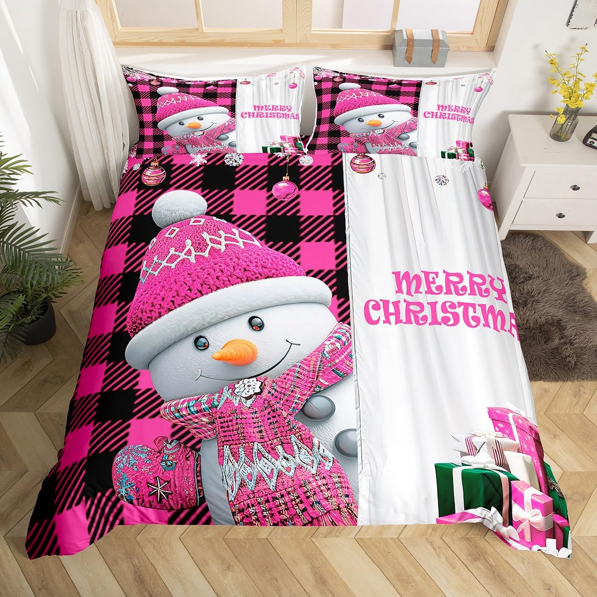 Idée cadeau de Noël : parure de lit bonhomme de neige d'hiver 135 x 200 cm rose