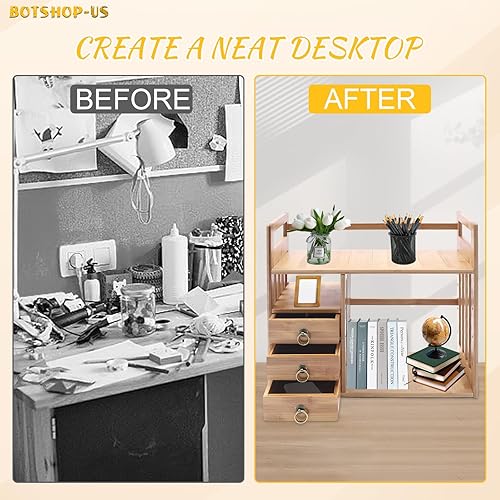 Miniatura 4 de Gdrasuya10 Estantería de escritorio de bambú para encimera de madera, organizador de escritorio de oficina, soporte para libros con 3 cajones,