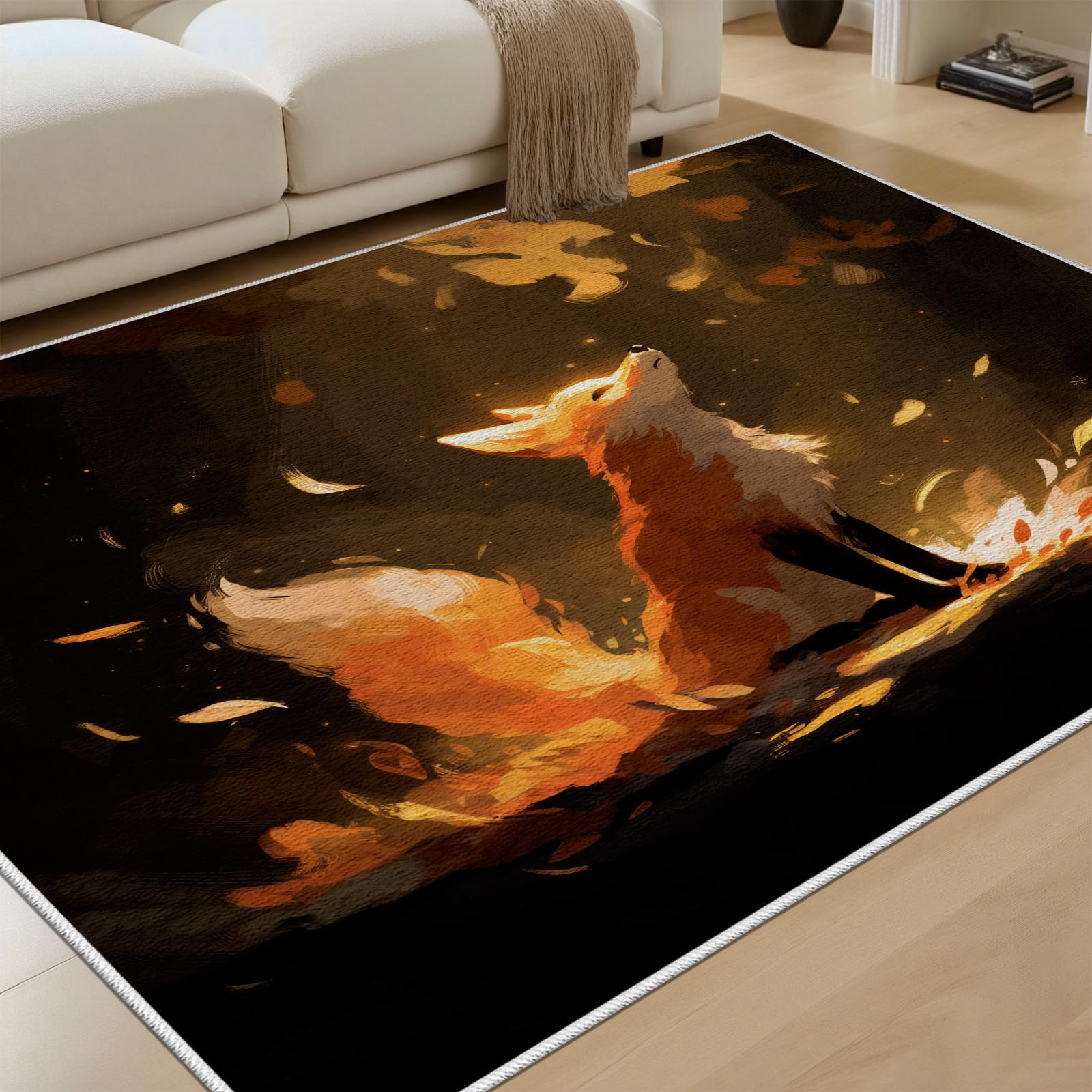 Fox Rugs for Bedroom Living Room 40x60 cm Leaves Sunlight Anti-Slip Backing Machine Washable Faux Fur Short Pile Light and Shadow Carpet for Dining Room